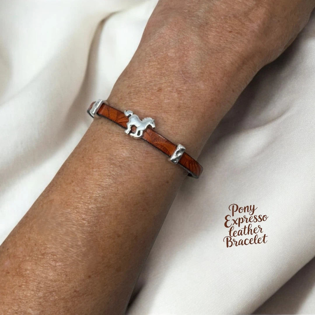 "Pony Expresso" Brown Embossed Leather bracelet w/ Silver Pony slider