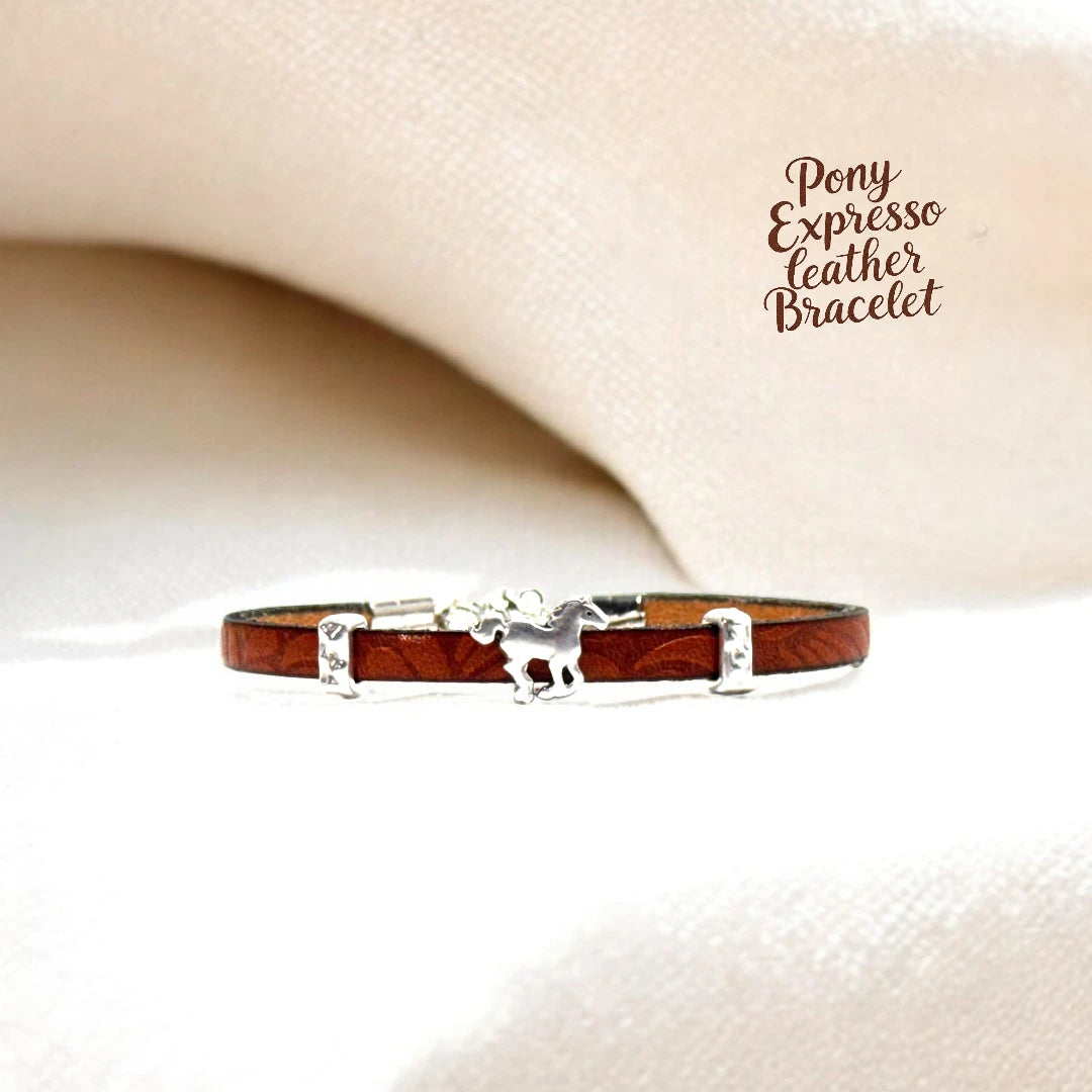"Pony Expresso" Brown Embossed Leather bracelet w/ Silver Pony slider