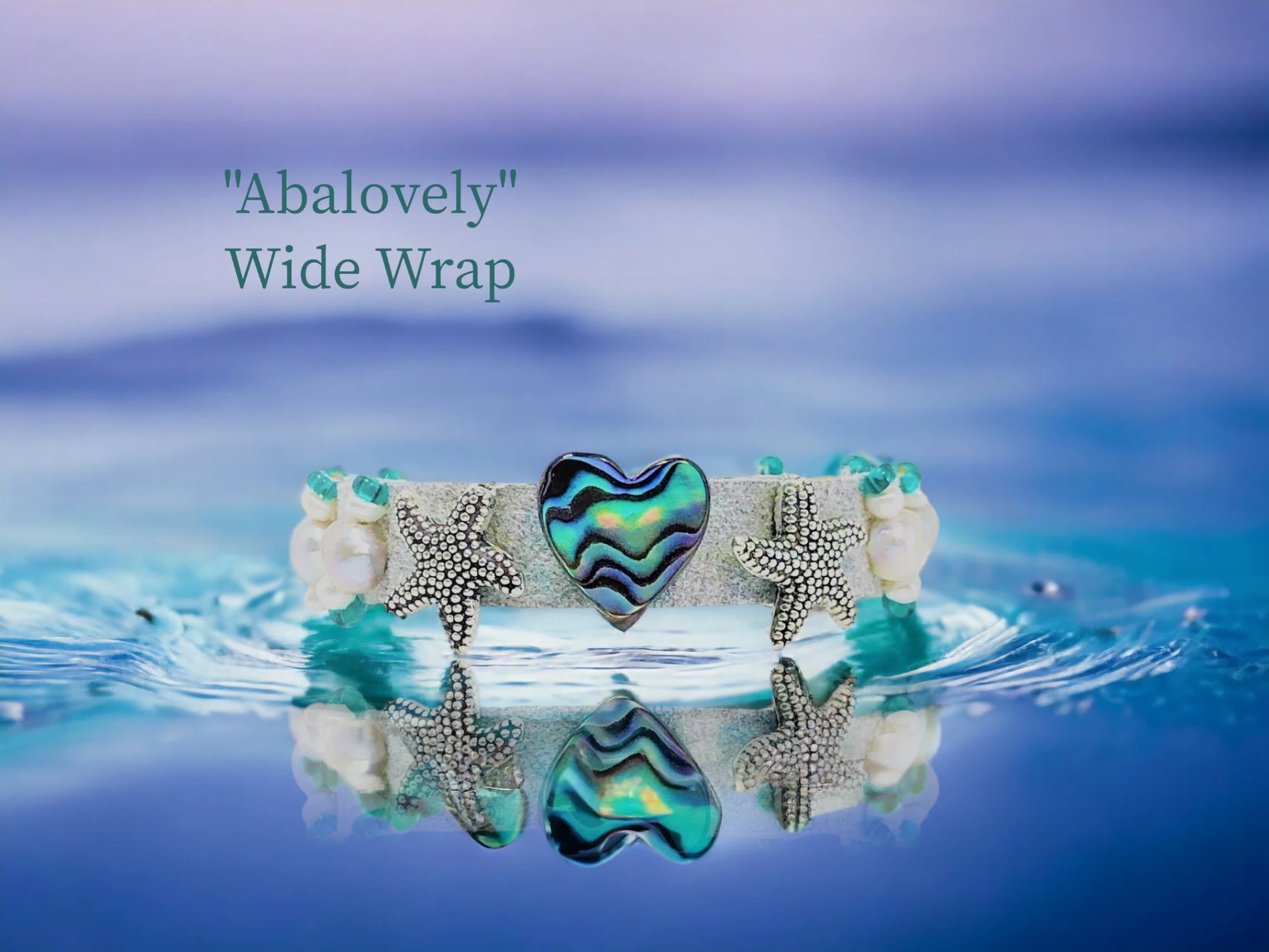 Wide Wrap w/ Antique Silver Starfish & Abaloney heart Focal, along w/ Cascading Pearls, and Turquoise Czech beads.  $40.99