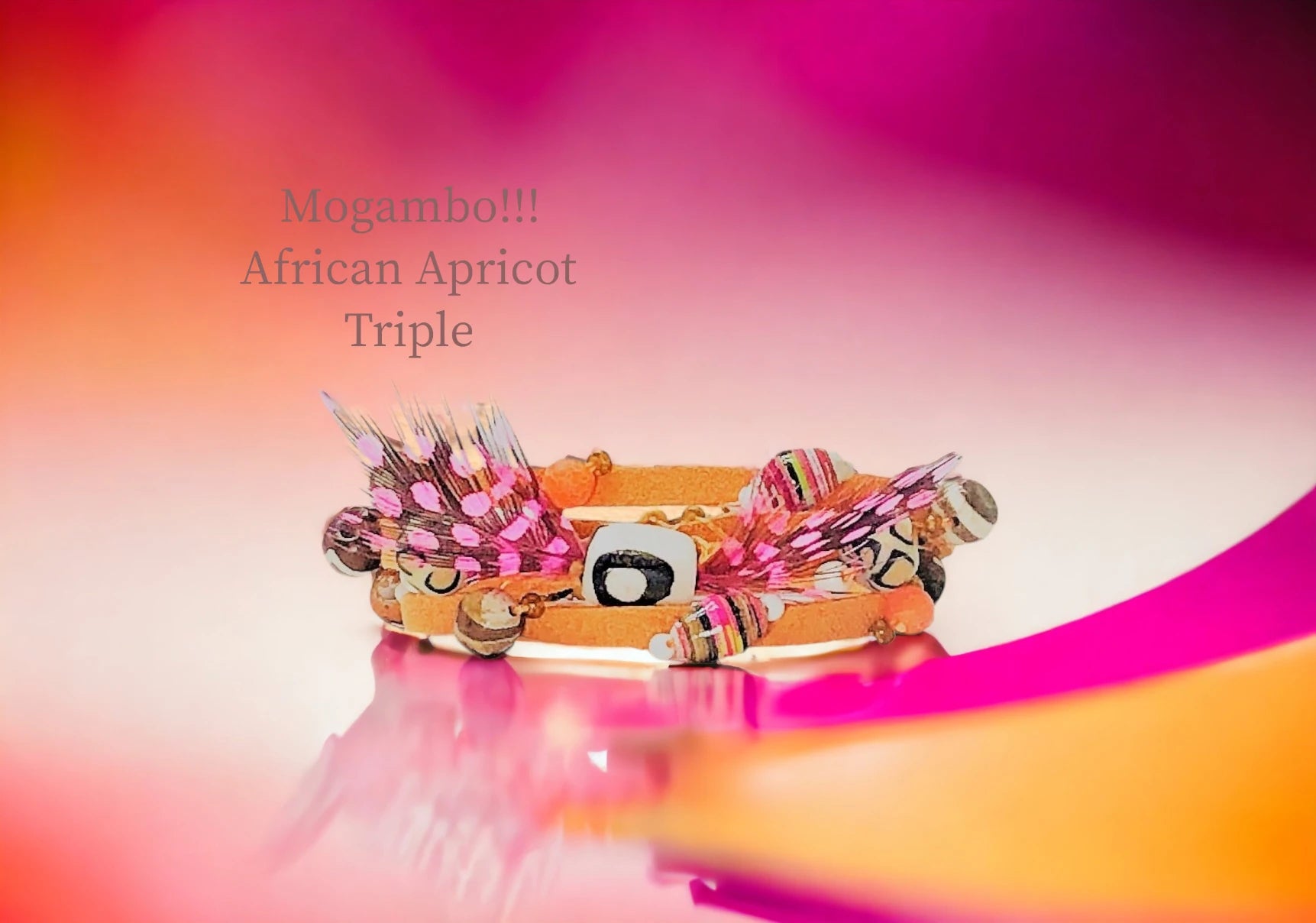 Triple Wrap w/ African Bone & Pheasant Feather Focal, Ugandan Hand made Beads, Mali Clay, Crackled Picture & Marbled Agate, Wood, and Sandstone beads. $51.99