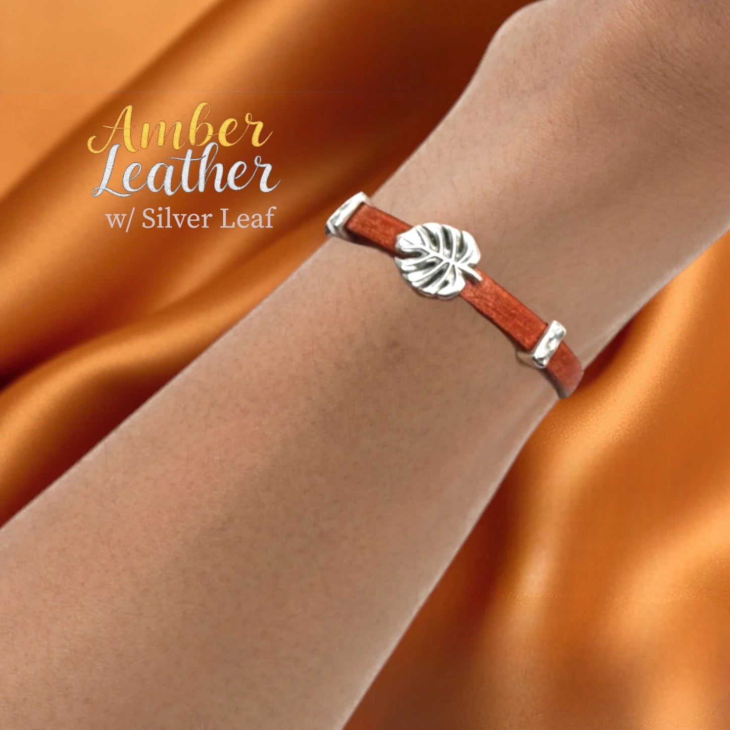 Amber Leather w/ Silver Leaf Bracelet