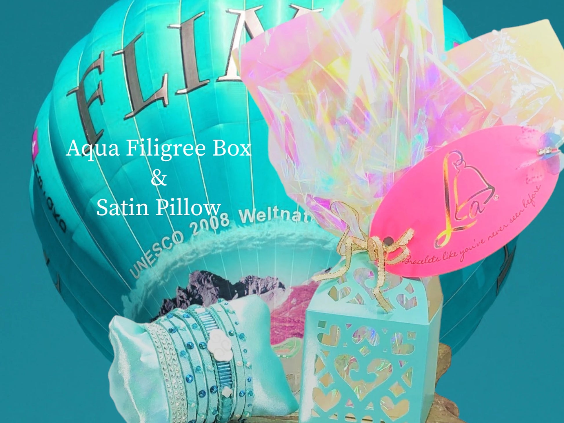 Aqua Filigree Box and satin pillow $6.50