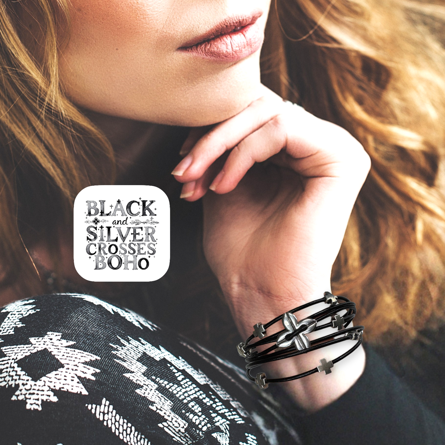 Black Leather and Silver Crosses Christian Boho Bracelet