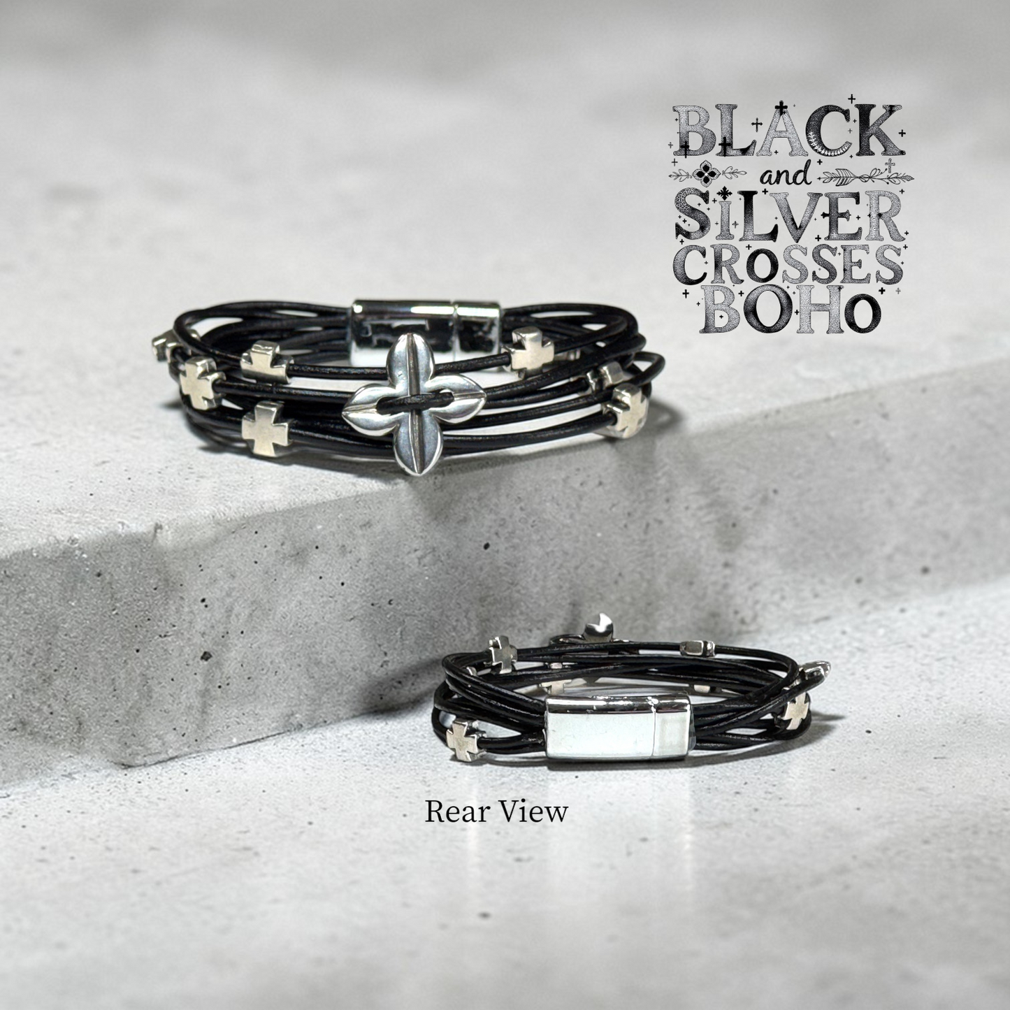 Black Leather and Silver Crosses Christian Boho Bracelet