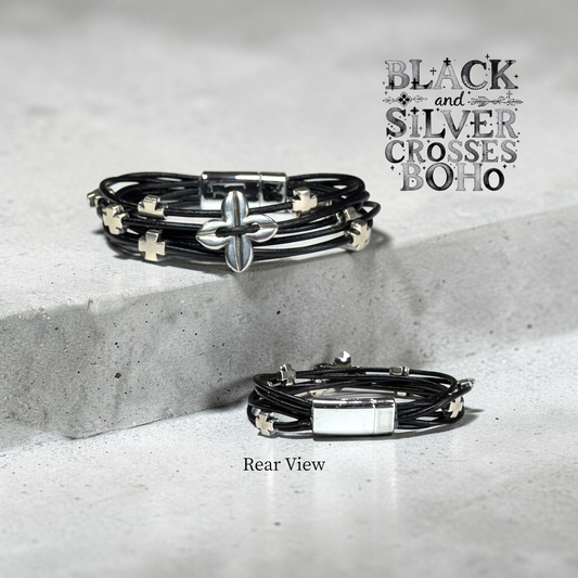 Black Leather and Silver Crosses Christian Boho Bracelet