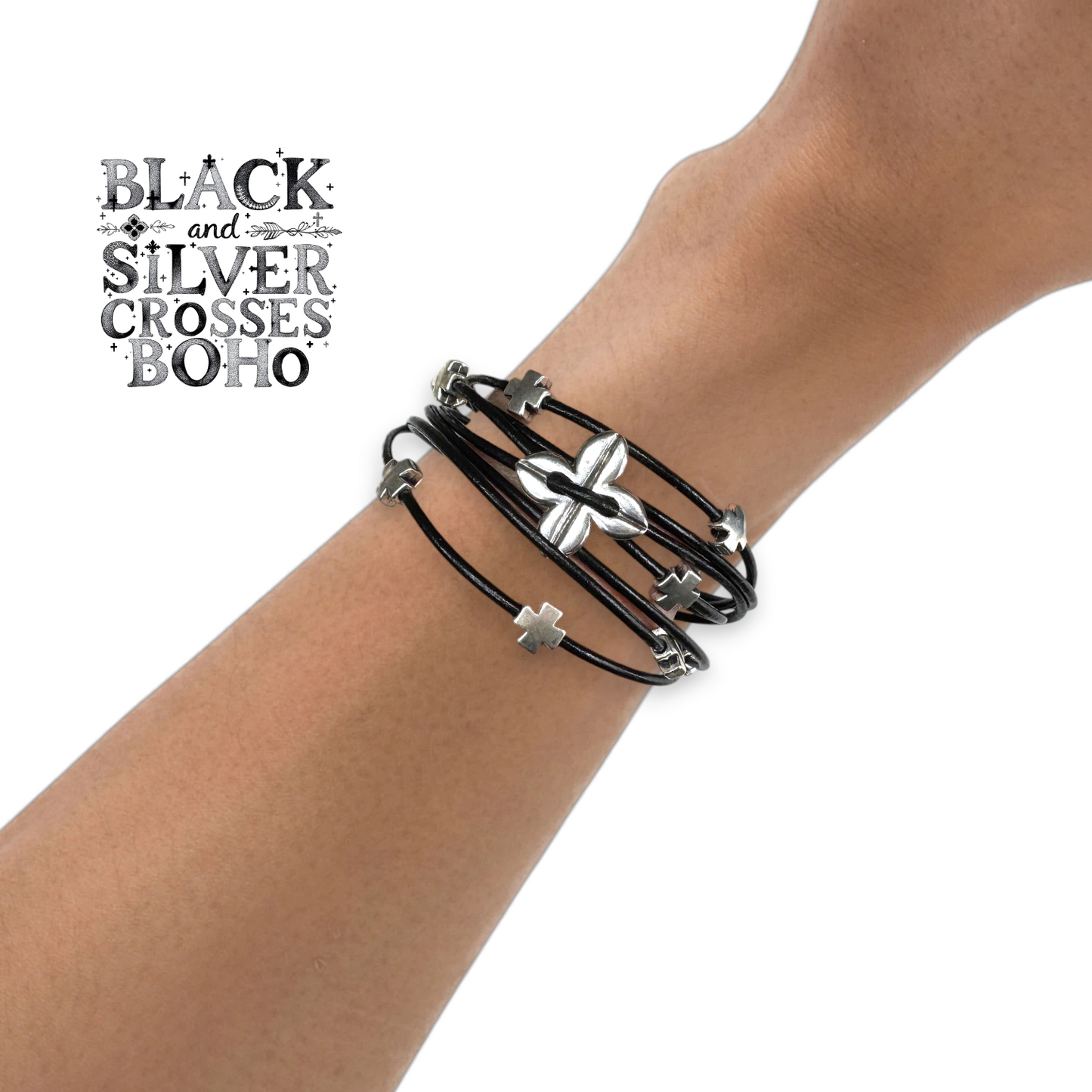 Black Leather and Silver Crosses Christian Boho Bracelet