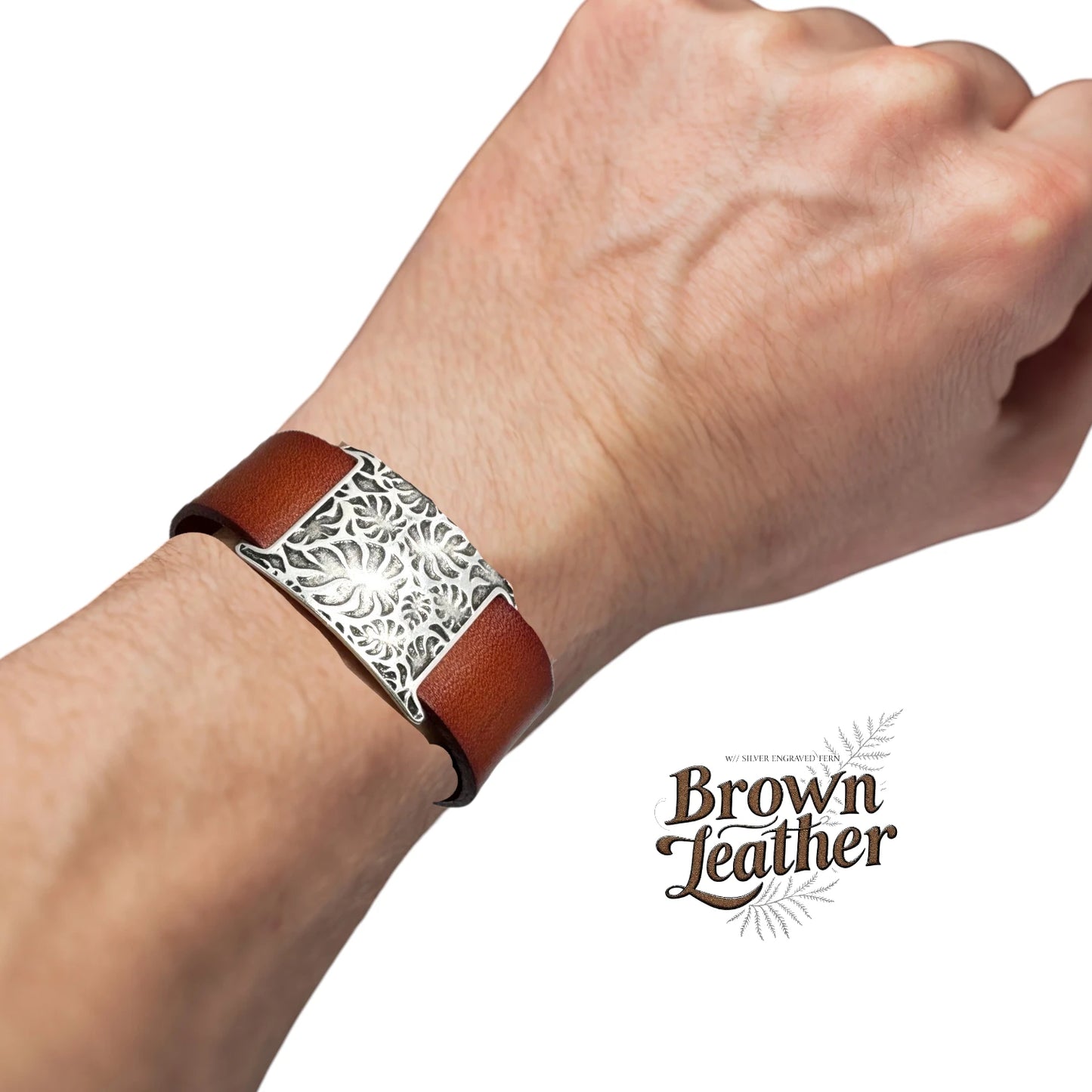 Brown Leather Bracelet w/ Engraved Silver Fern Slider