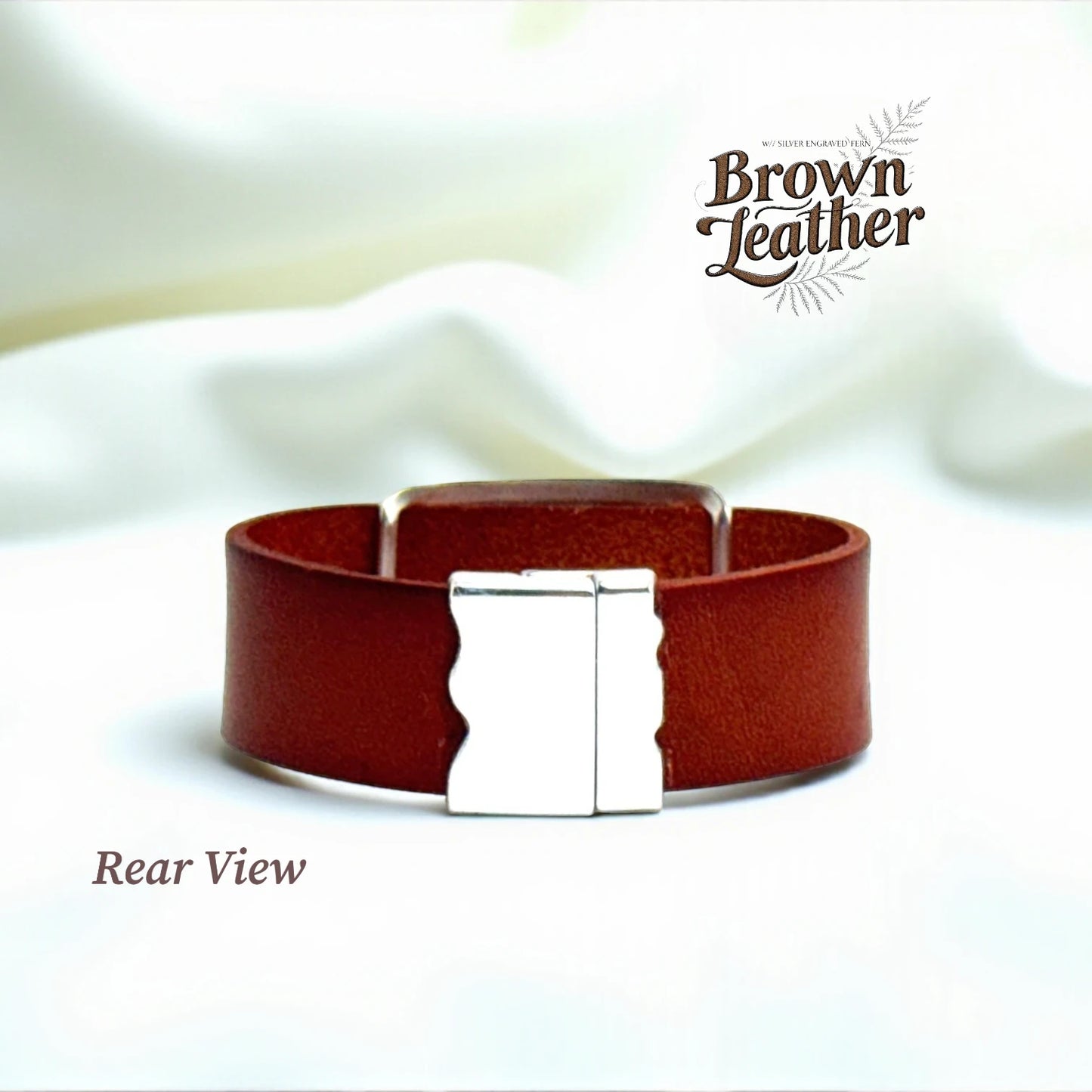 Brown Leather Bracelet w/ Engraved Silver Fern Slider