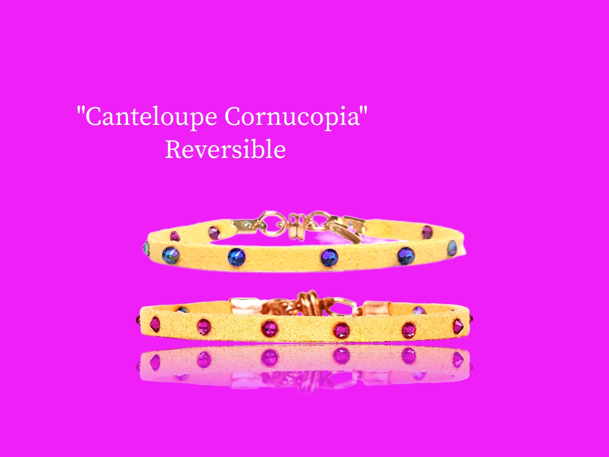 Cantaloupe Cornucopia single Reversible w/ shimmering Indigo Austrian Crystals on one side, &, Fucshia Austrian Crystals on the other. Two bracelets in one! $22