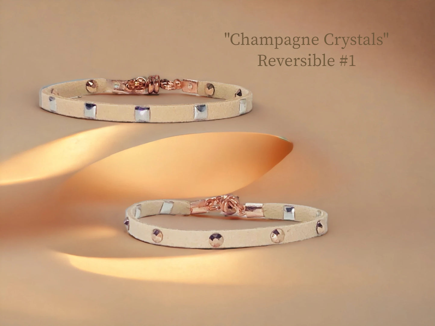 Champagne Crystals Single Reversible #1 w/ silver square studs on one side and Austrian Rose Gold studs on the other $22