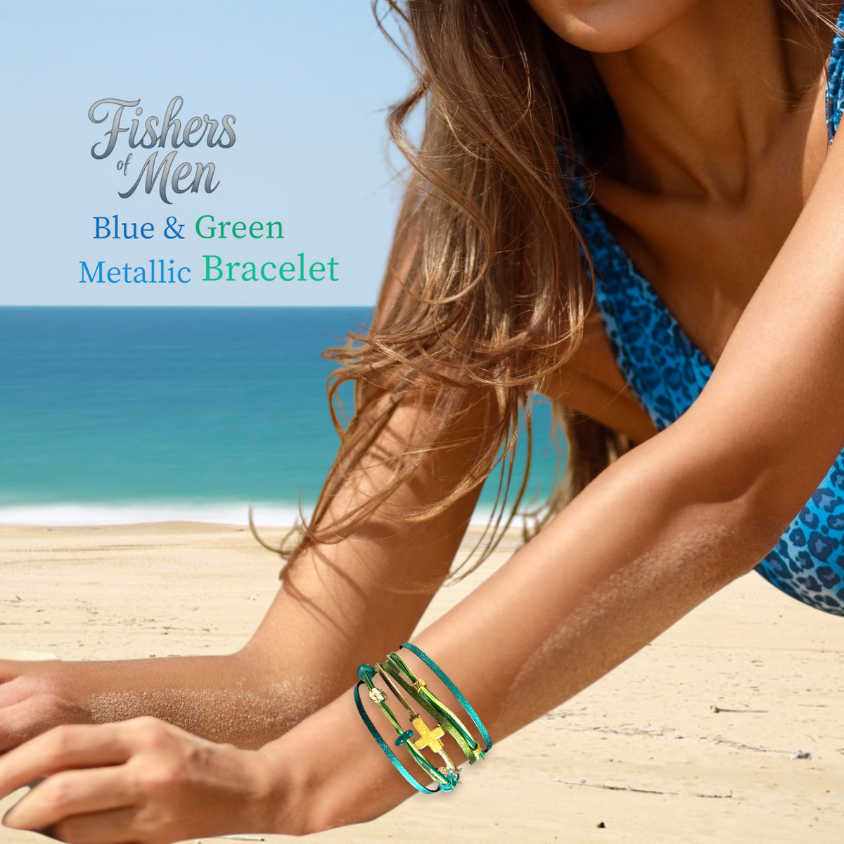 Metallic Blue and green Leather Christian Stacked Bangle