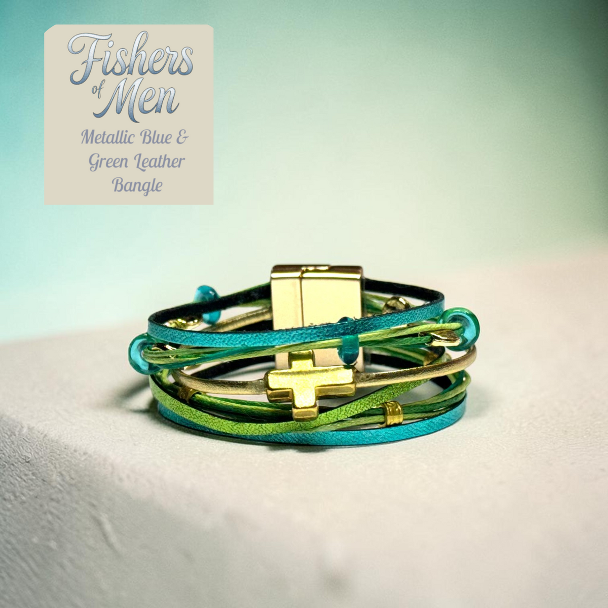 Metallic Blue and green Leather Christian Stacked Bangle
