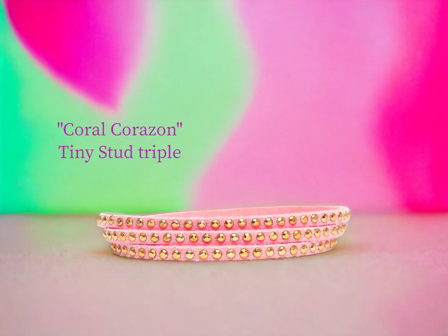 Matching Coral Tiny gold stud triple wrap, finishes this beautiful ensemble. $16.99