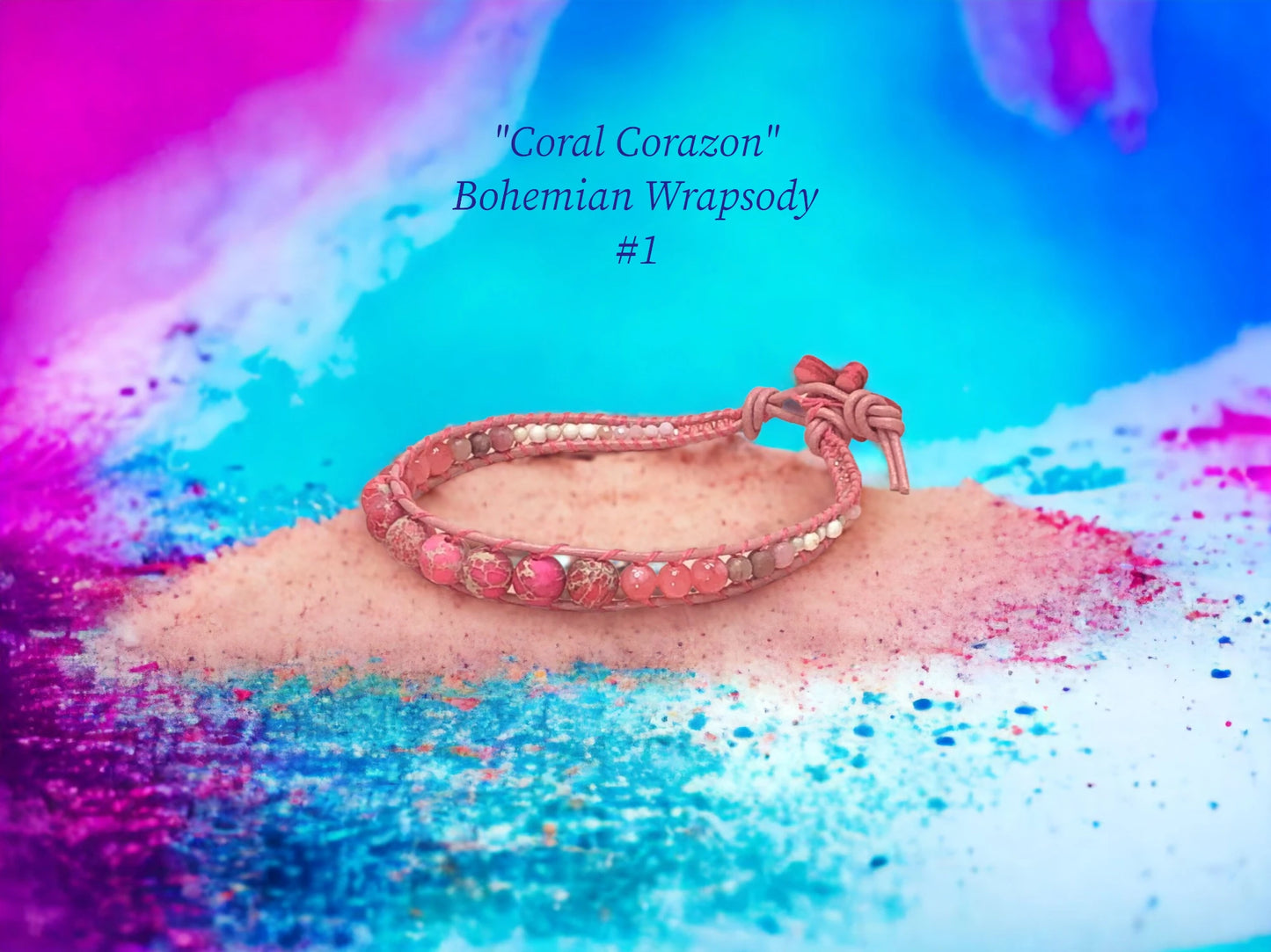 Bohemian Wrapsody #1 aka ("Victory boho") -Coral pink Genuine Leather encasing Coral pink Sea Sediment Jasper, tiny white Turquoise, Rhodolite and Coral Pink Jade. $28.99