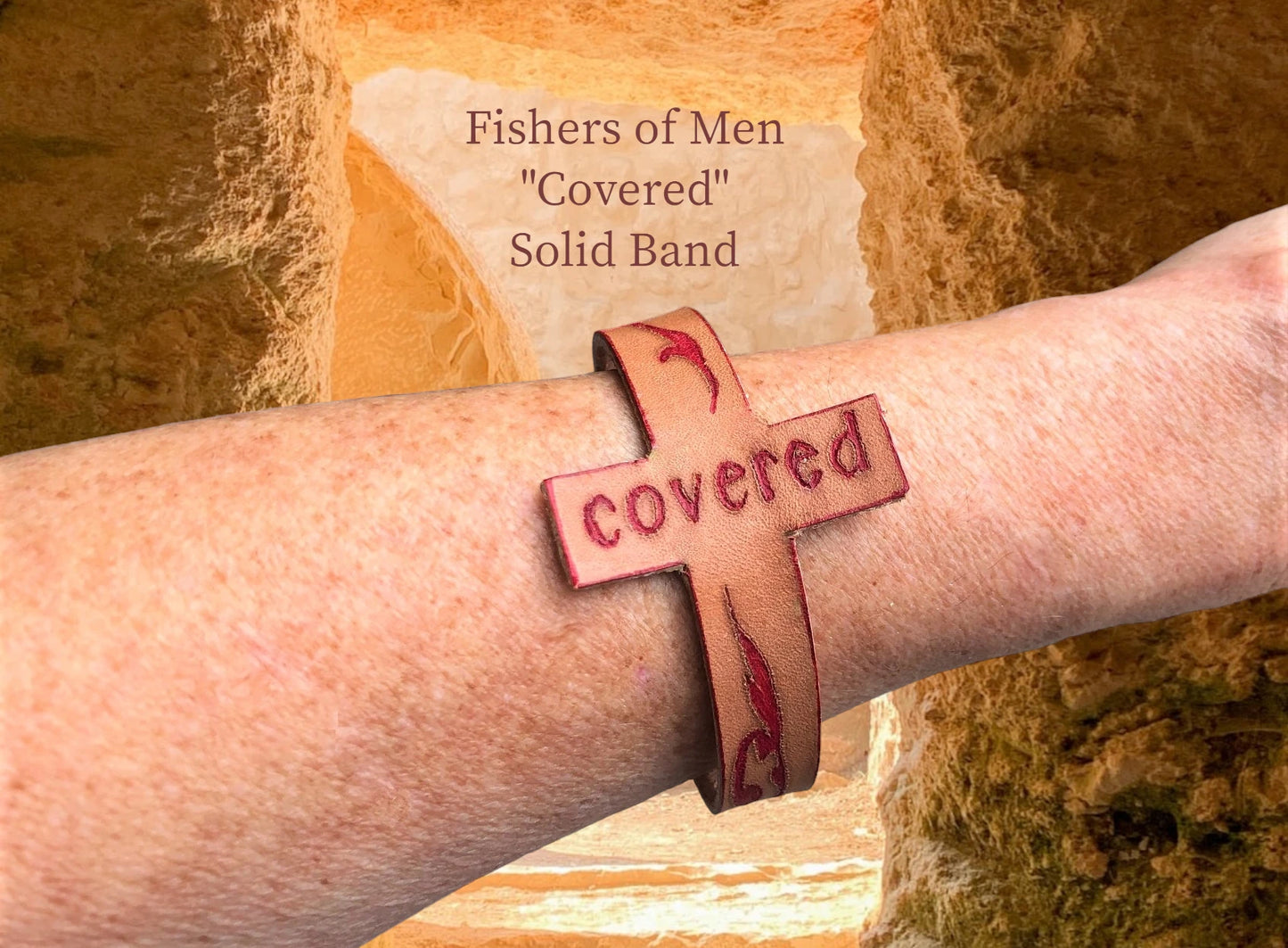 Genuine engraved leather and stud button closure. This cross shaped band is a clever way to evangelize w/o saying a word. It reminds us that we are covered by the blood of Jesus.$18.99