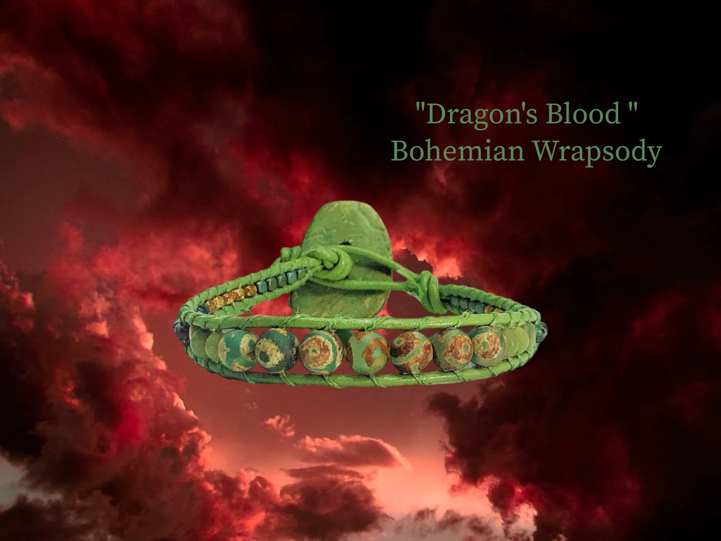 Dragon's Blood -Bohemian Wrapsody with matching olive genuine leather, Green Eyed Tibetan Agate, Jade, Dragon's Blood , brown Czech beads, and square olive Hematite with olive button closure. $35.99