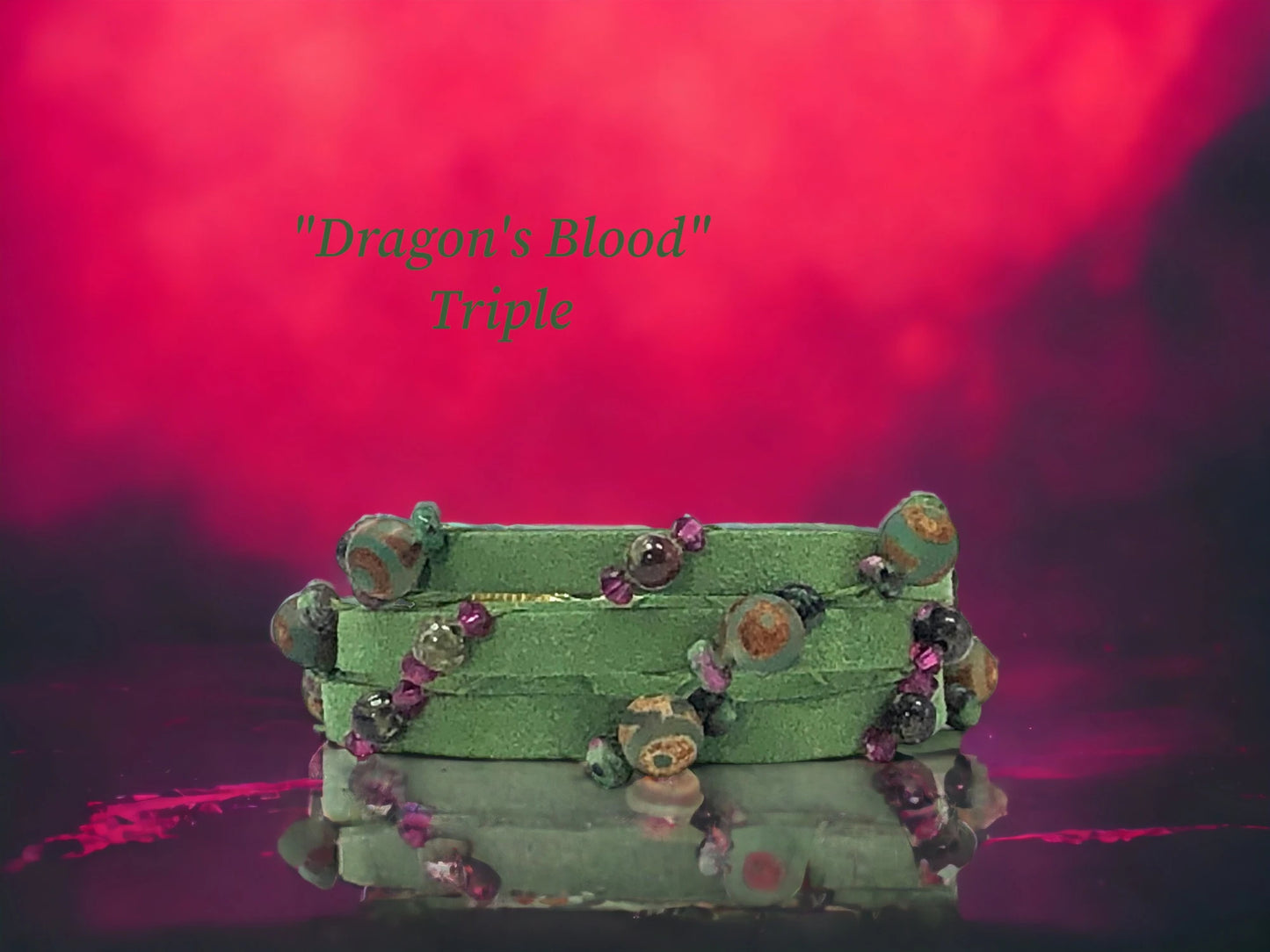  Triple Wrap with Green Eyed Tibetan Agate, Dragons Blood, Rhodolite, and&nbsp; Ruby Austrian crystal bi-cones in cascade formation.  $41.99