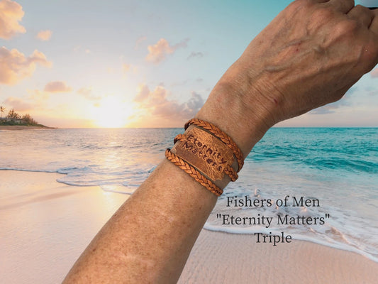 "Eternity Matters" genuine braided leather triple wrap w/ engraved weathered leather bracket. Eternity does matter and most often we forget to remember our final destination. Magnet closure. $21.99