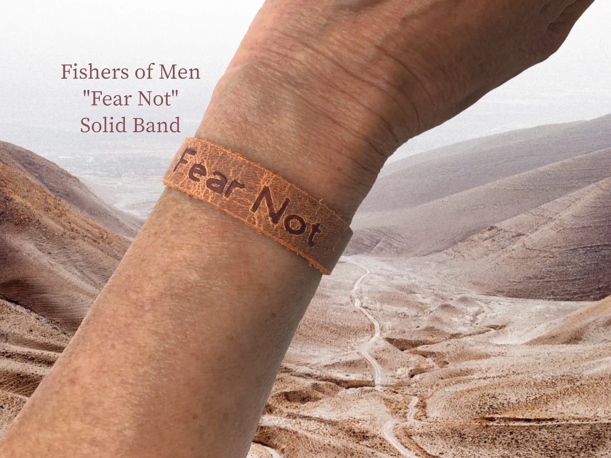 Genuine engraved leather solid band w/ stud button or magnet closure. "Fear Not" is the most repeated command in the Bible. $18.99