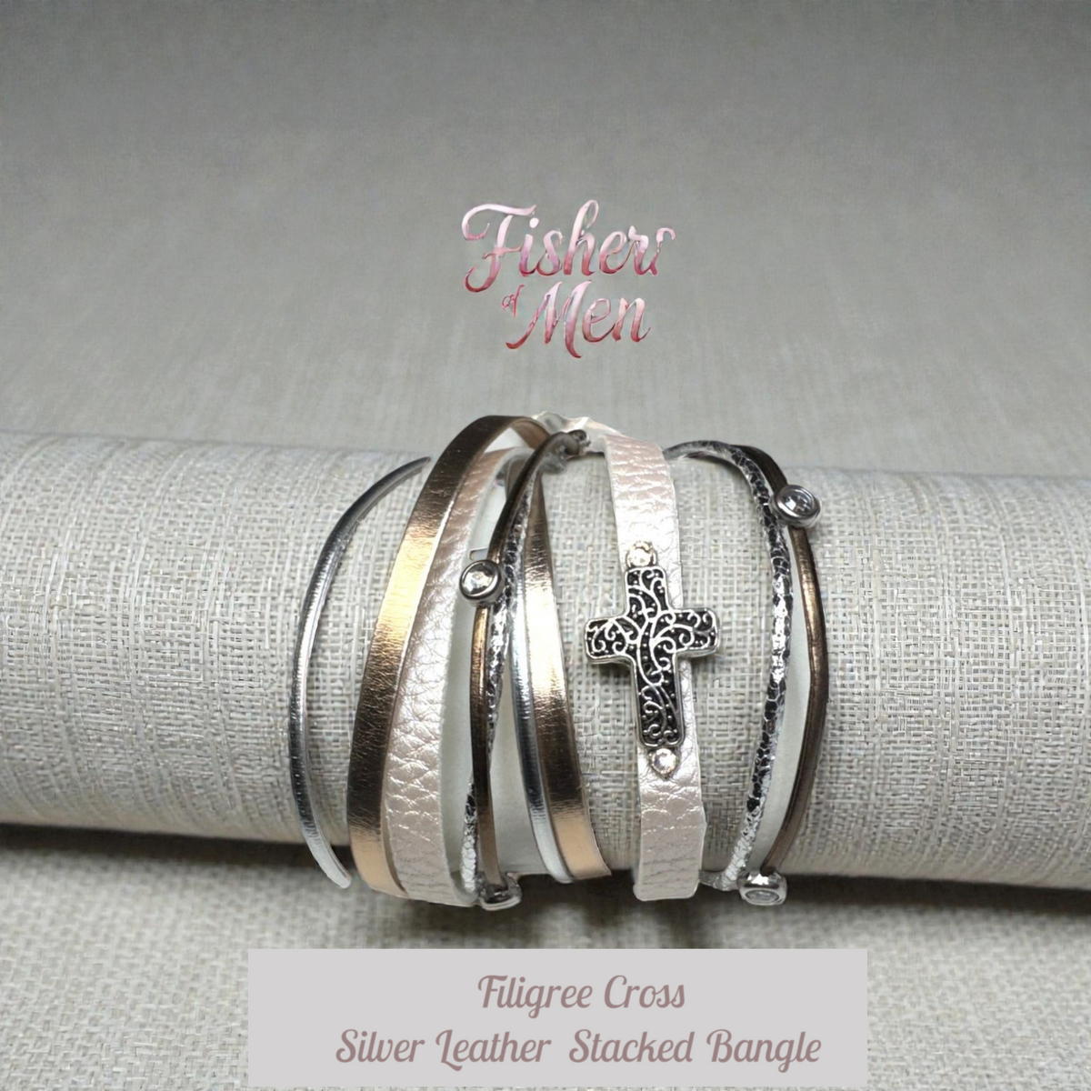 Filigree Cross Silver Leather Stacked Bangle