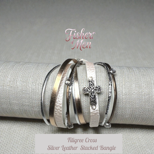 Filigree Cross Silver Leather Stacked Bangle