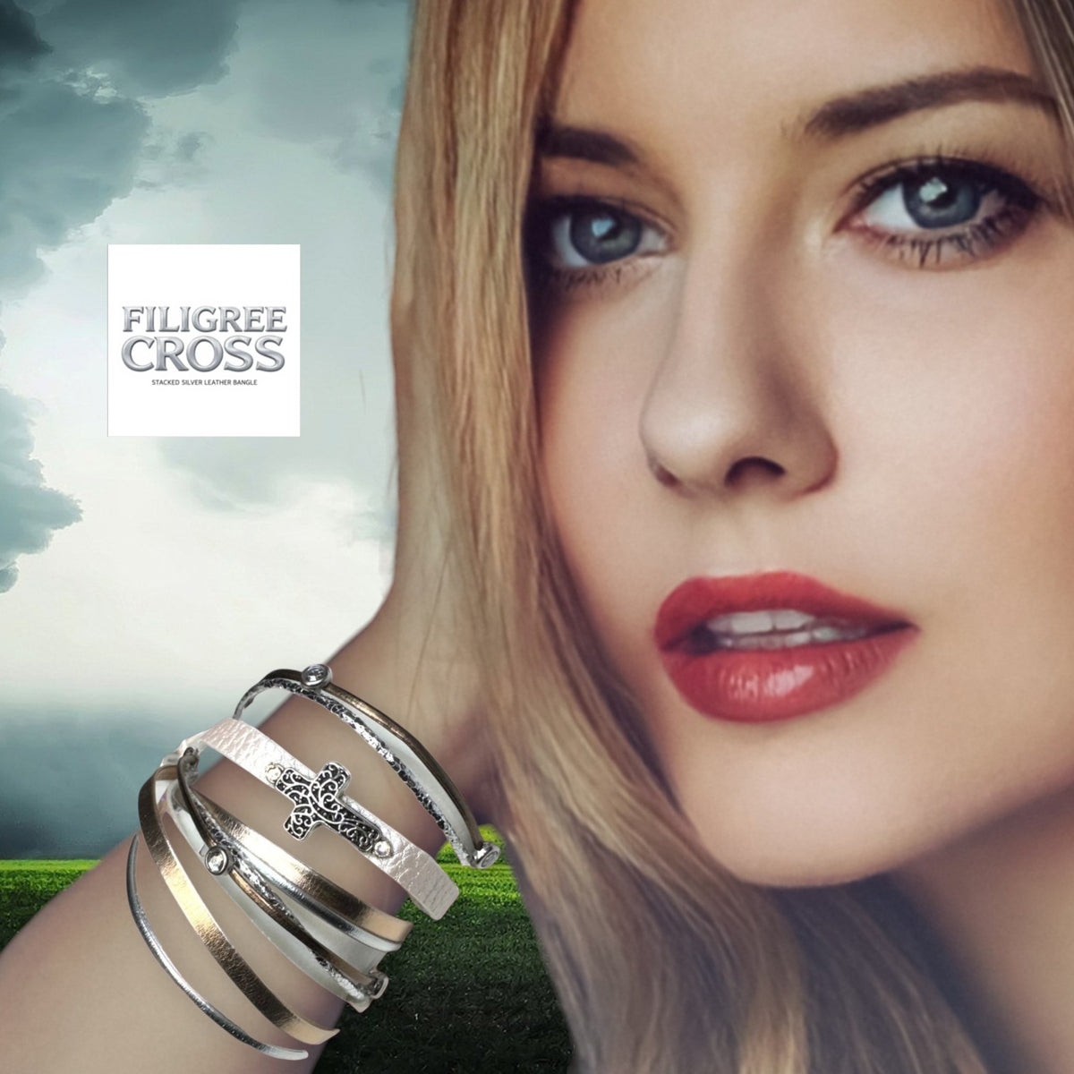 Filigree Cross Silver Leather Stacked Bangle