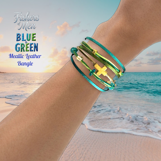 Metallic Blue and green Leather Christian Stacked Bangle