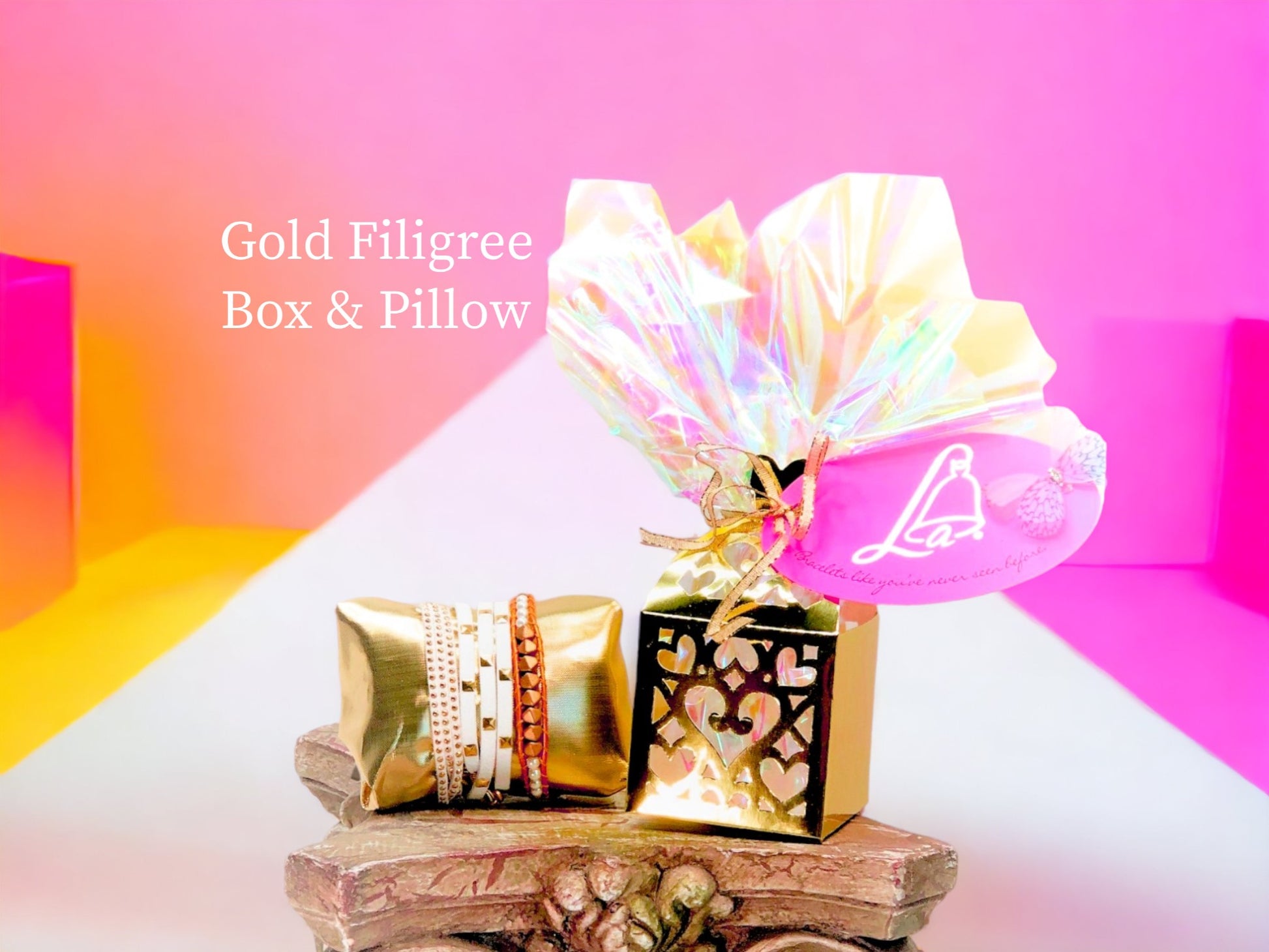 Metallic Gold Lantern Filigree Gift Box w/ Metallic gold pillow $6.50