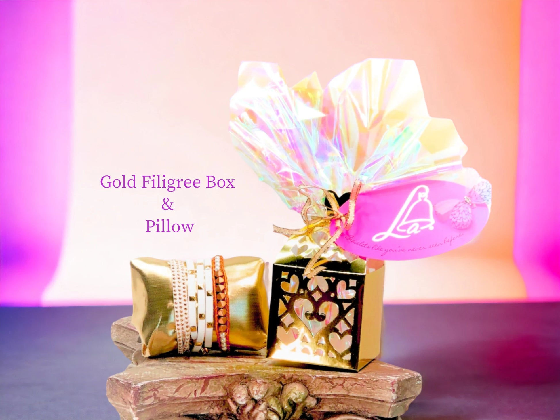 Gold Filigree Box & gold pillow $6.50