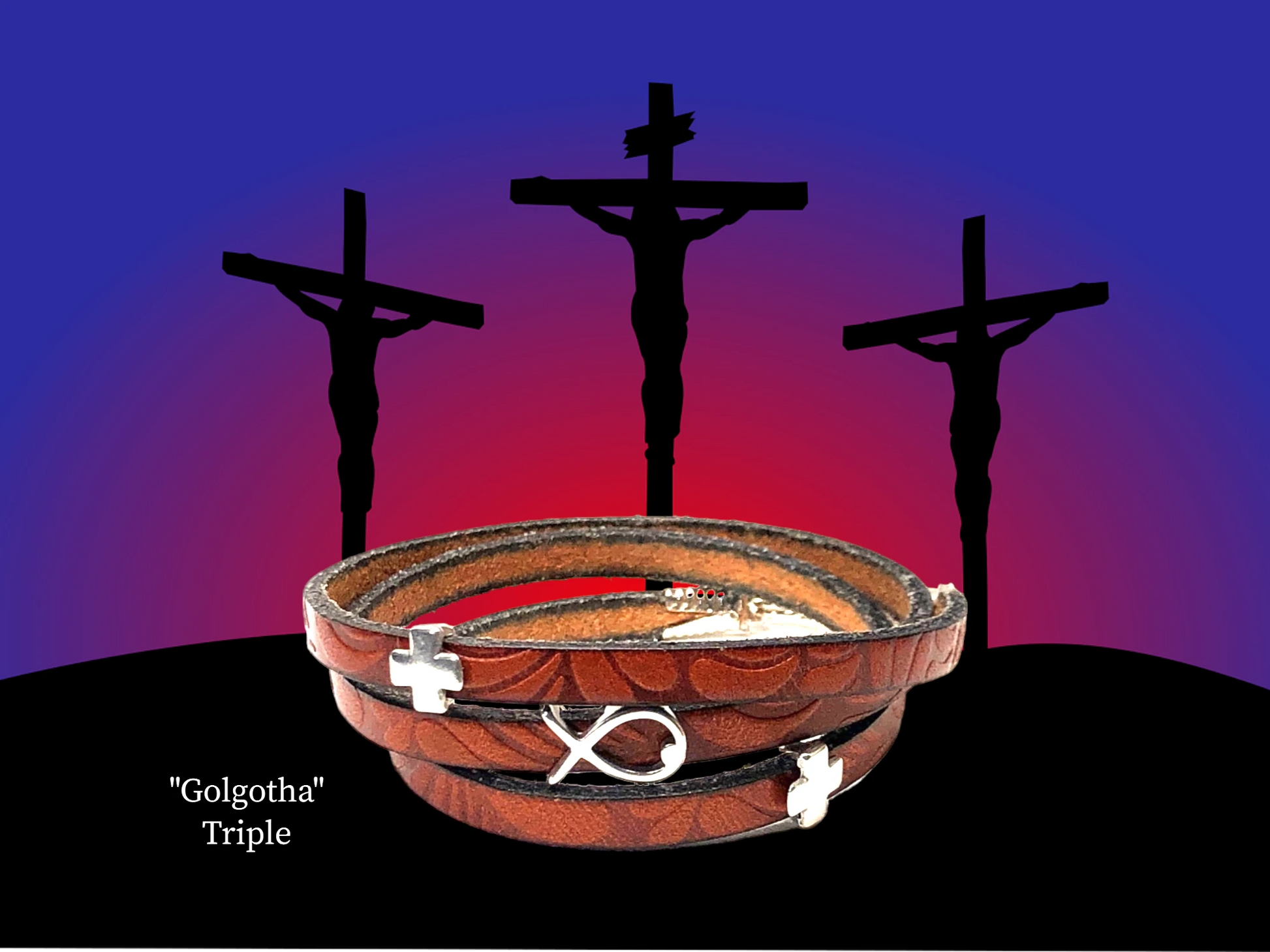 Golgotha- The Place in Israel where Jesus was crucified- Beautifully embossed genuine Walnut Leather Triple Wrap adorned with Silver crosses and a Silver Scythe as focal. Magnet fastener. $34.99