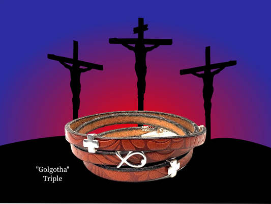 Golgotha- The Place in Israel where Jesus was crucified- Beautifully embossed genuine Walnut Leather Triple Wrap adorned with Silver crosses and a Silver Scythe as focal. Magnet fastener. $34.99