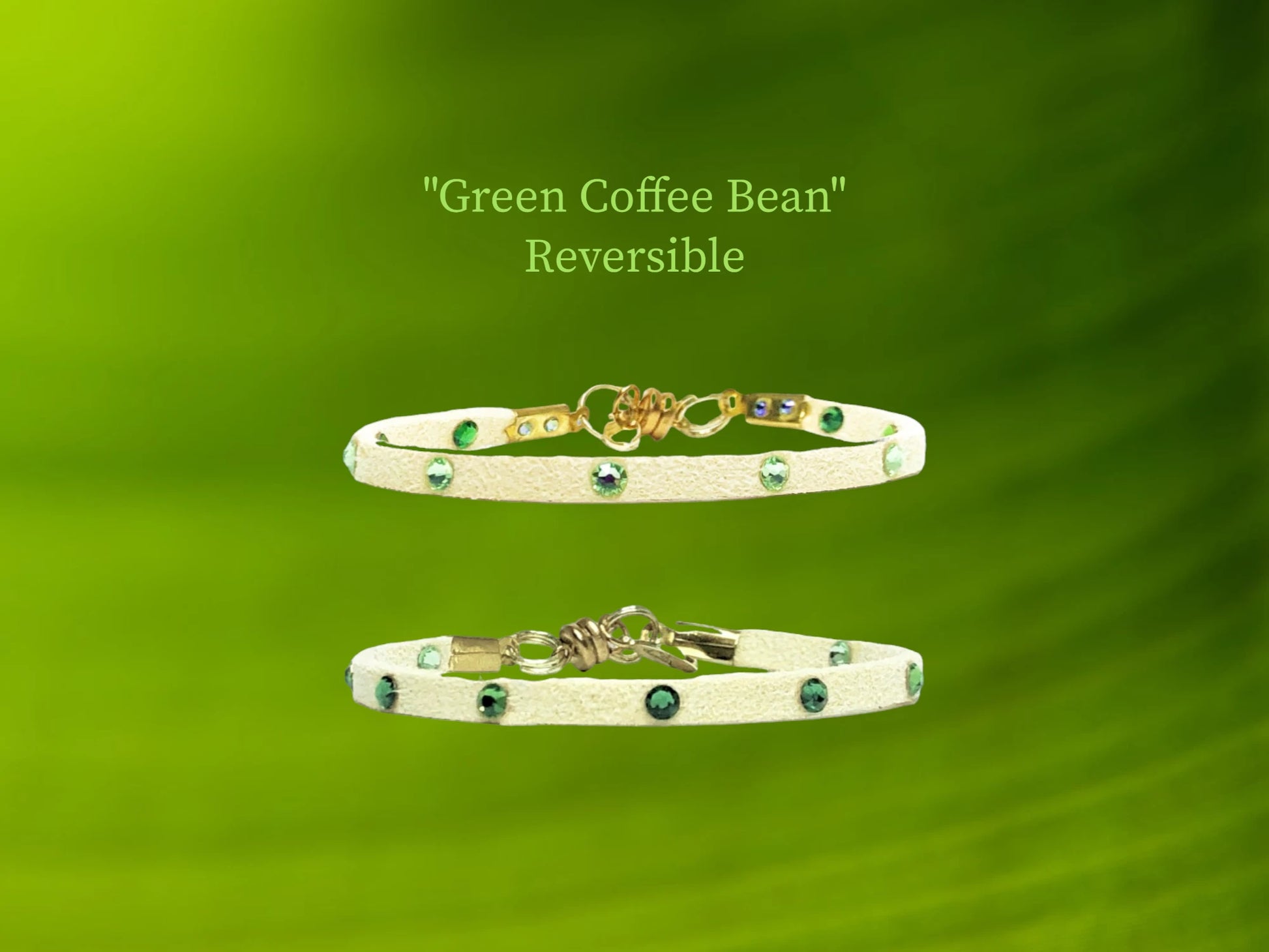 Green Coffee Bean Reversible single wrap- matching Buckskin Faux Suede w/ Austrian Emerald Green Crystals on one side and Lime green crystals on the other. Two bracelets in one!! $22