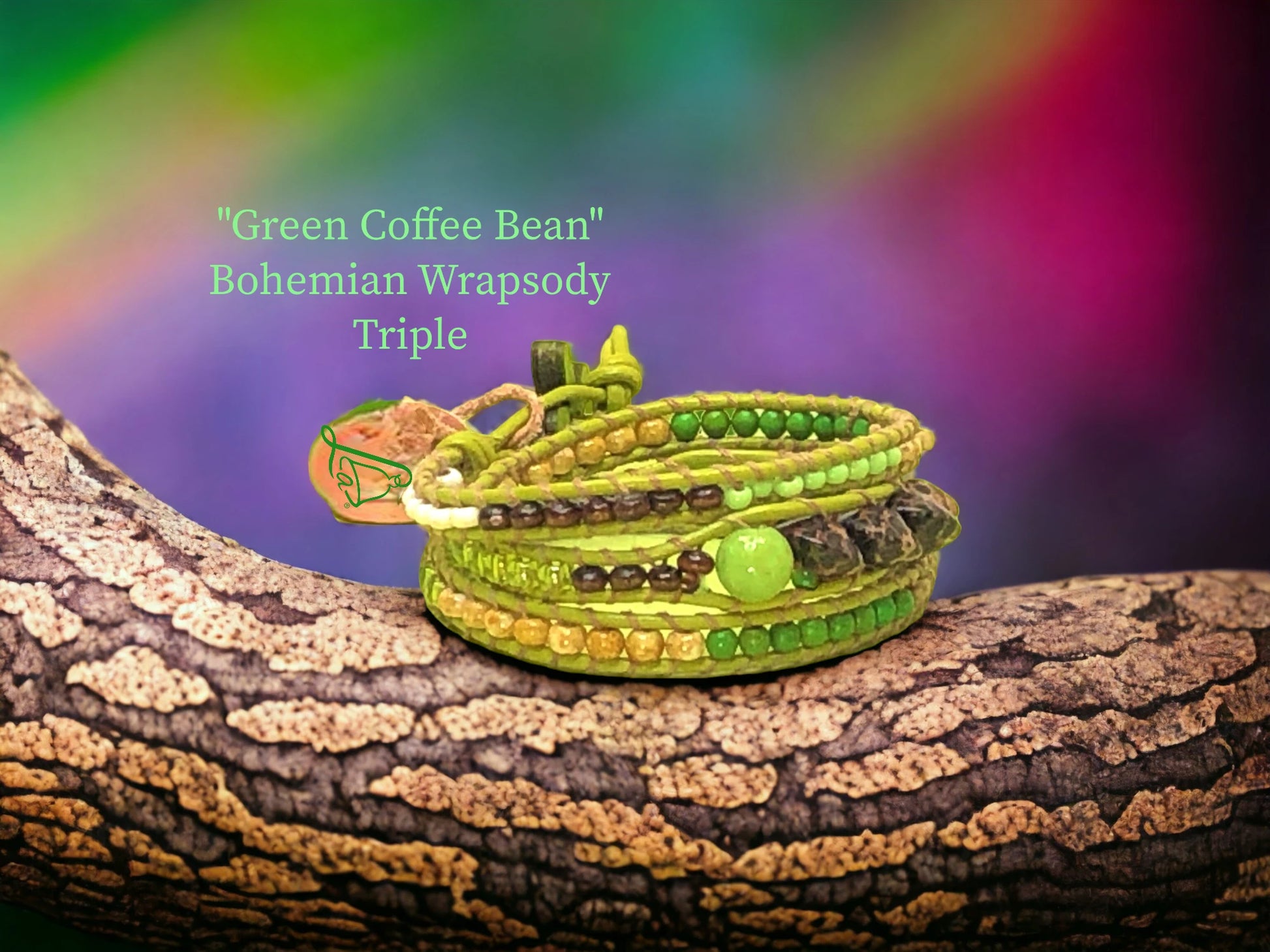 Green Coffee Bean Bohemian Wrapsody triple w/ exotic Patikan beads, Lime Green Agate, white Turquoise,  Czech beads, Matching green wooden flower button. $47.99