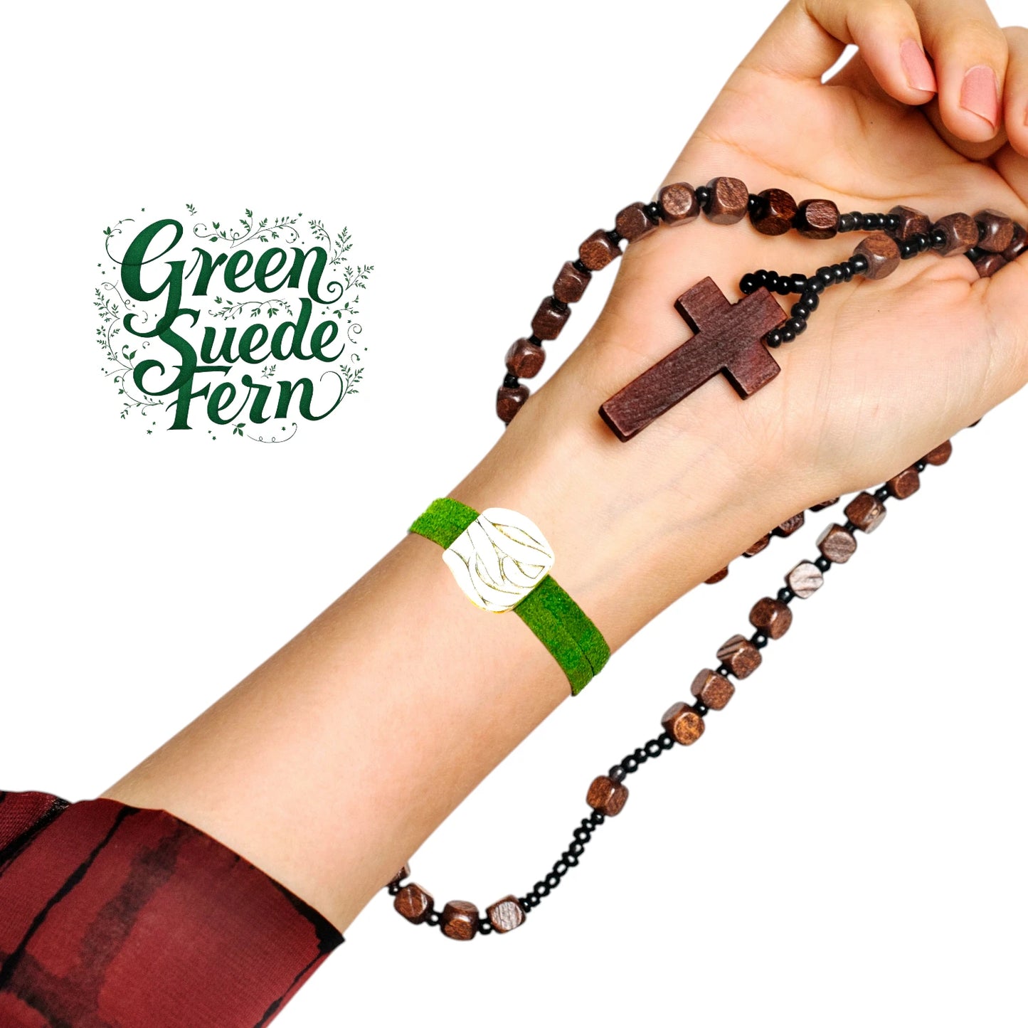 Green Suede & Fern Engraved Slider Bracelet