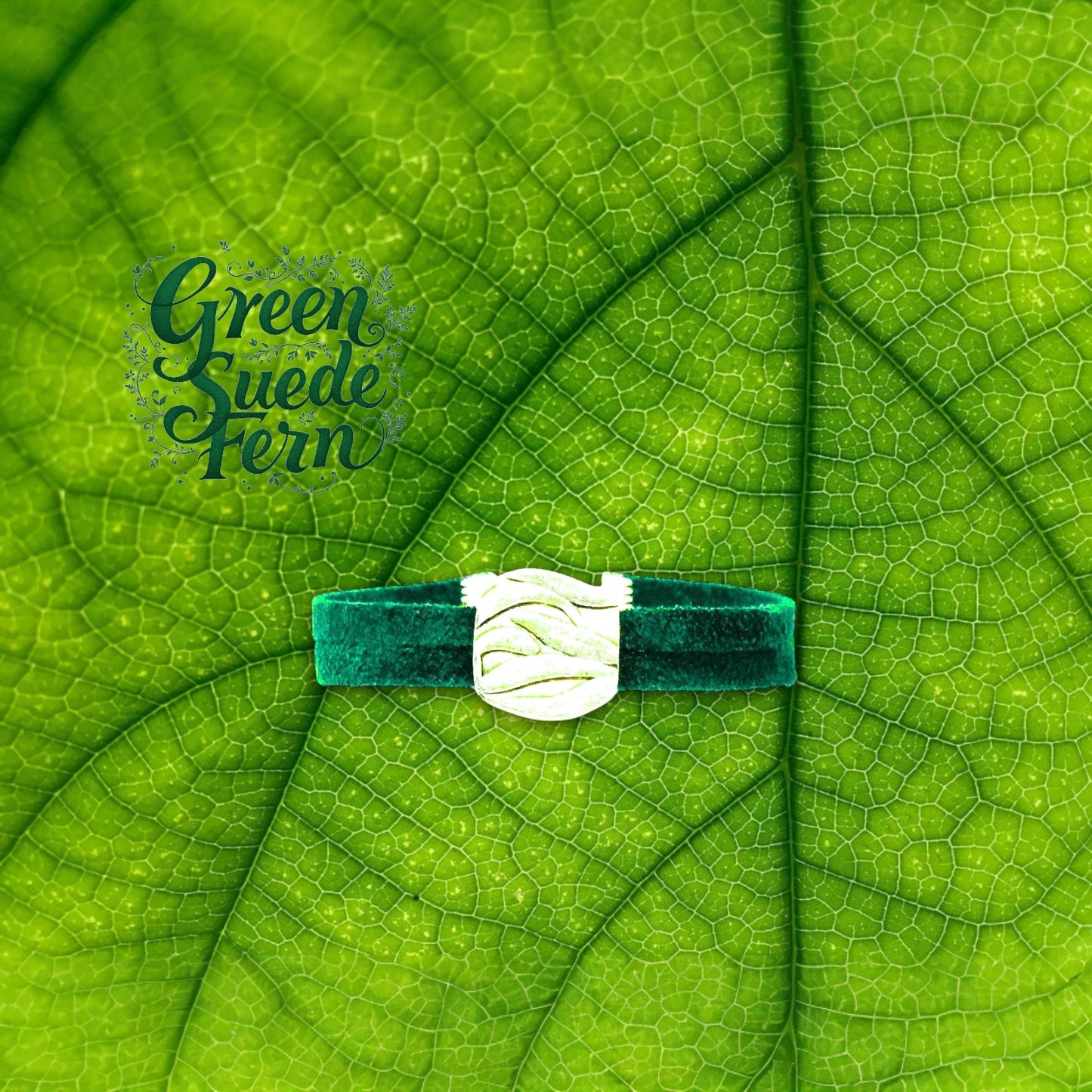 Green Suede & Fern Engraved Slider Bracelet