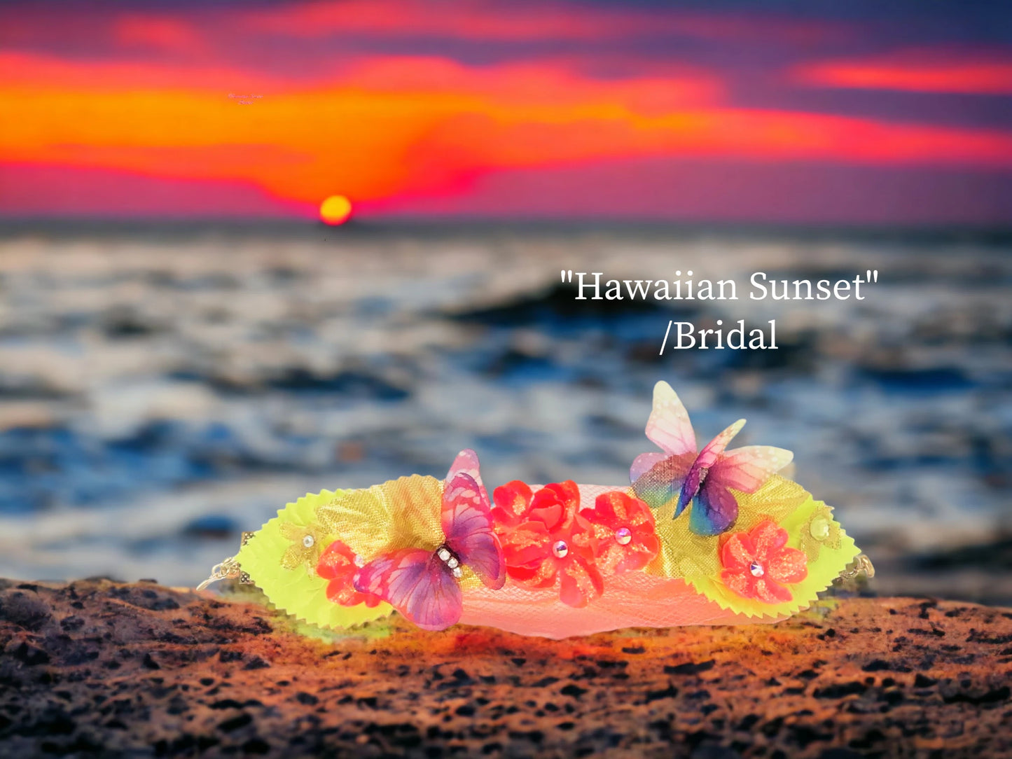 For the bold and the brave we Hawaiian Sunset Bridal- a beautiful arm ornament that is sure to get your attention! Bright irredescent coral silk flowers w/ Austrian Crystal centers, gold lame' leaves, filmy co-ordinating and colorful butterflies, green silk leaves and matching delicate tulle $42.99