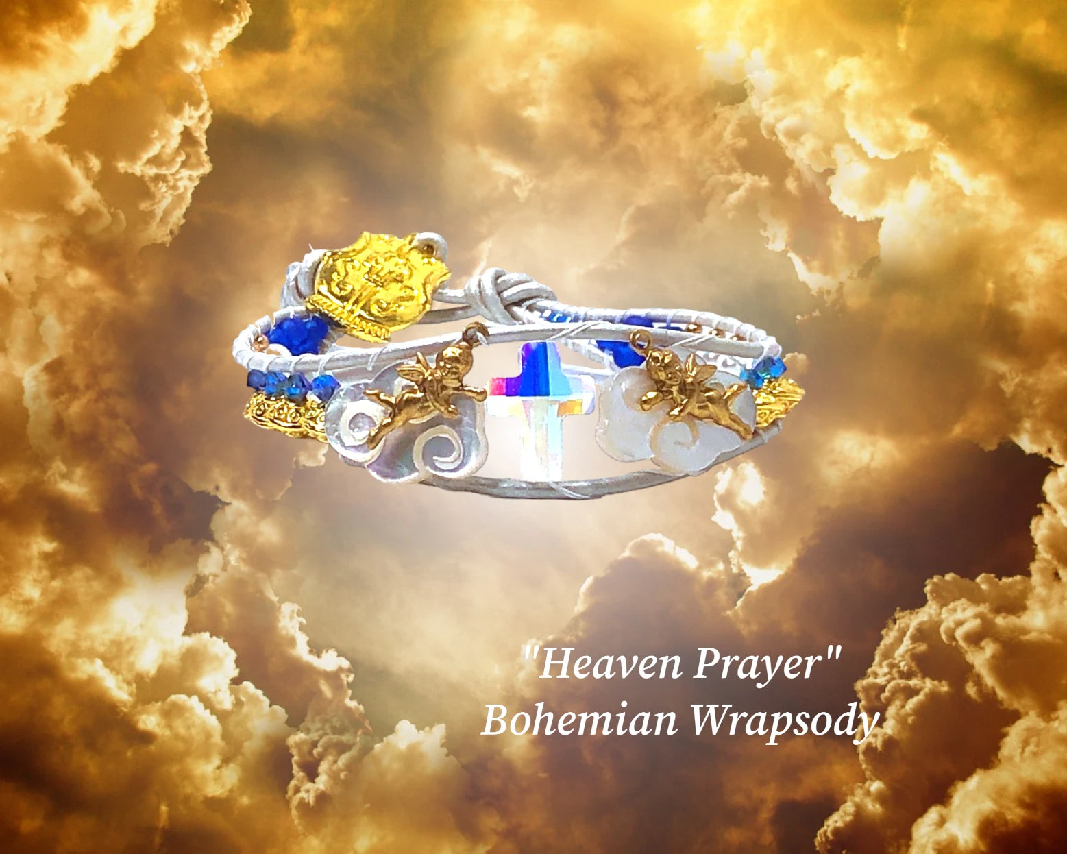 Heaven Parayer Single/Gold-Single Wrap-Genuine Pearlescent&nbsp; Leather with an Austrian Crystal Cross Focal, Mother of Pearl Clouds, Golden Cherubs, irridescent AB blue Austrian Crystal bi-cones, gold scroll bi-cones, pearl beads, Czech beads and a beautiful gold plated Armor of God charm closure. $65.99