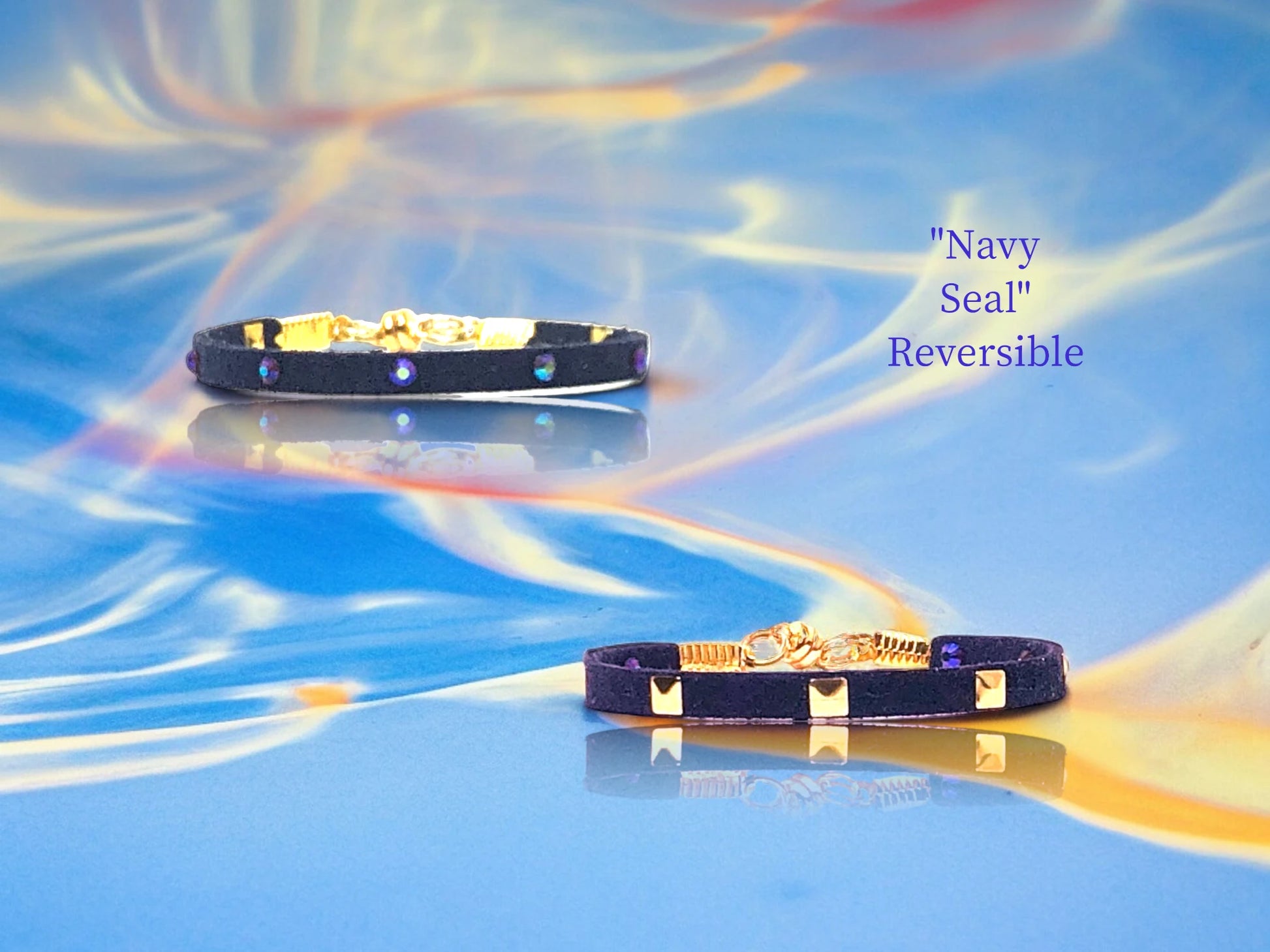 Single wrap reversible with navy Austrian Crystal flatbacks on one side and gold square studs on the other side $19.99