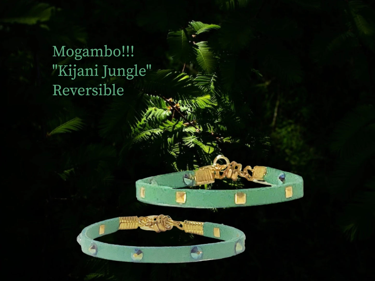 Mogambo Kijani Jungle Reversible Single with Gold Square Pyramid studs on one side and Fern Green Austrian Crystals on the other side. Two Bracelets in one!! $20.99