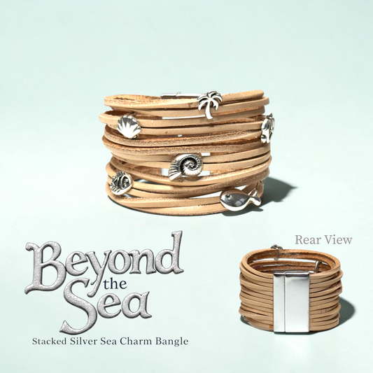 Stacked Natural Leather and Silver Sea Charm Bangle