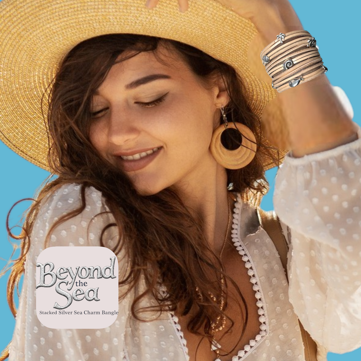 Stacked Natural Leather and Silver Sea Charm Bangle