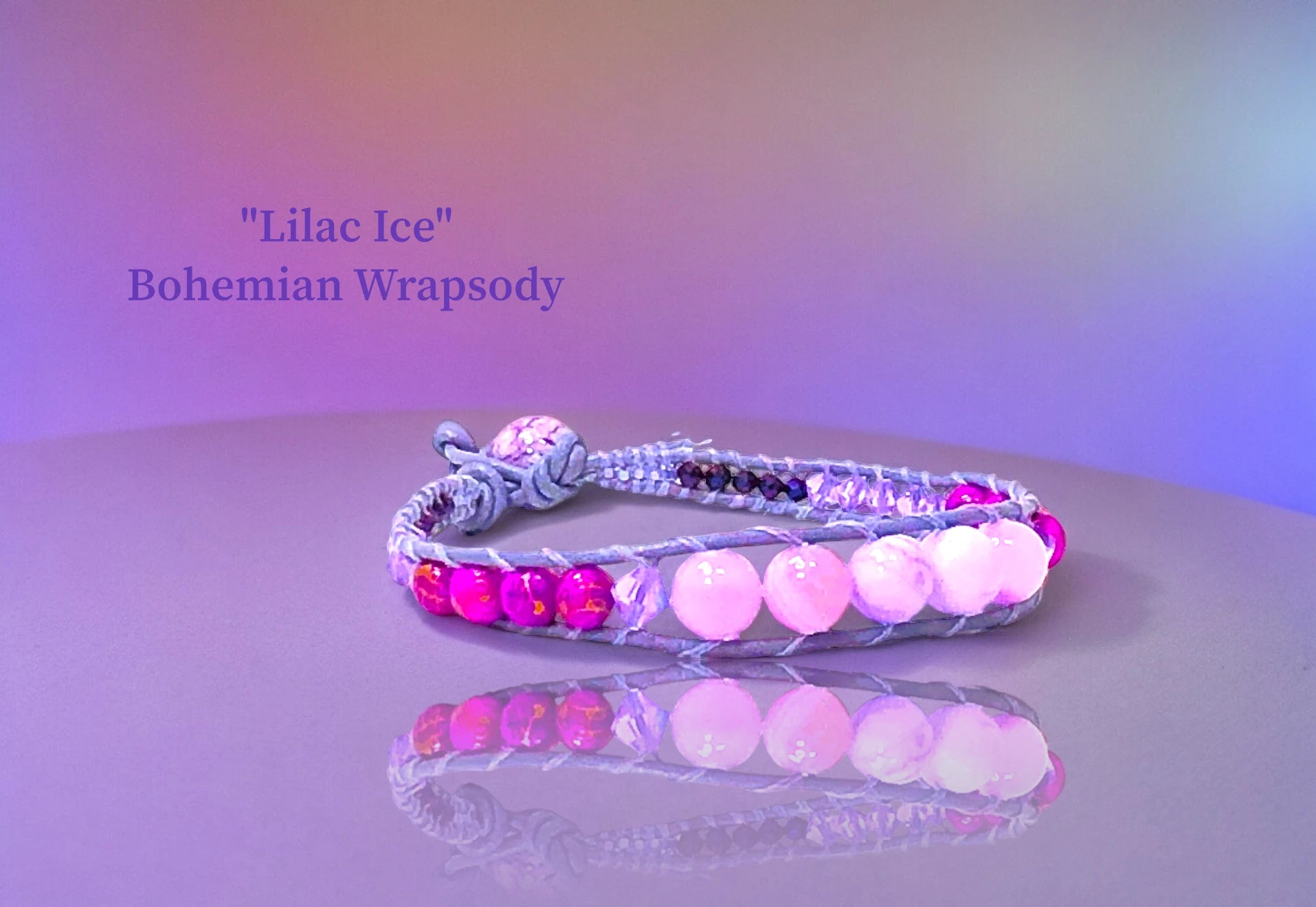 Lilac Ice Bohemian Wrapsody -Lilac Genuine Leather encasing Lilac Marble Quartz Purple and Gold embossed beads with Austrian Crystals, Deep Purple Jets and Purple Agate Closure. $34.99