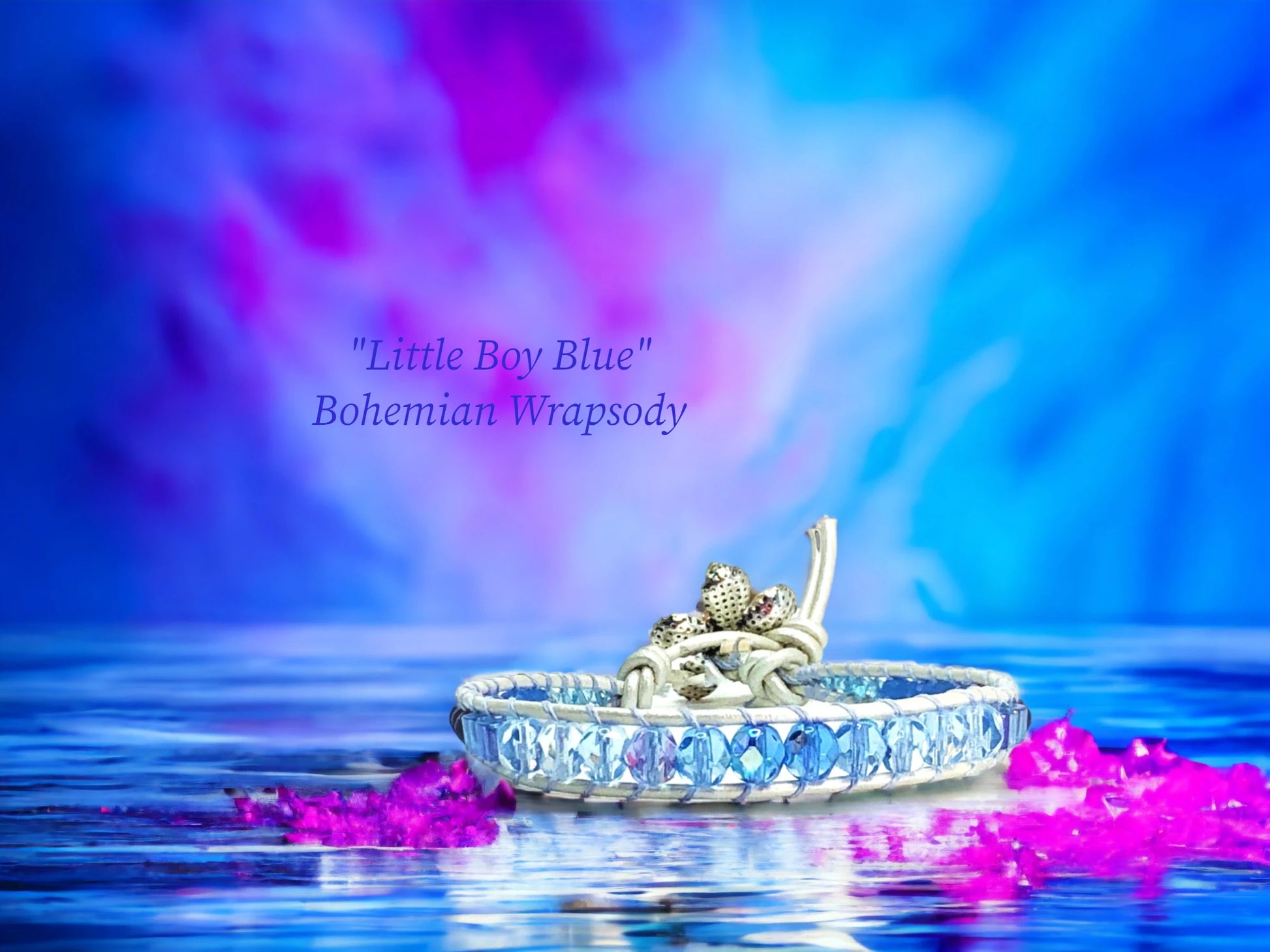 Little Boy Blue Bohemian Wrapsody-white pearlized genuine leather with faceted crystal beads and silver crystal studded flower closure. $35.99