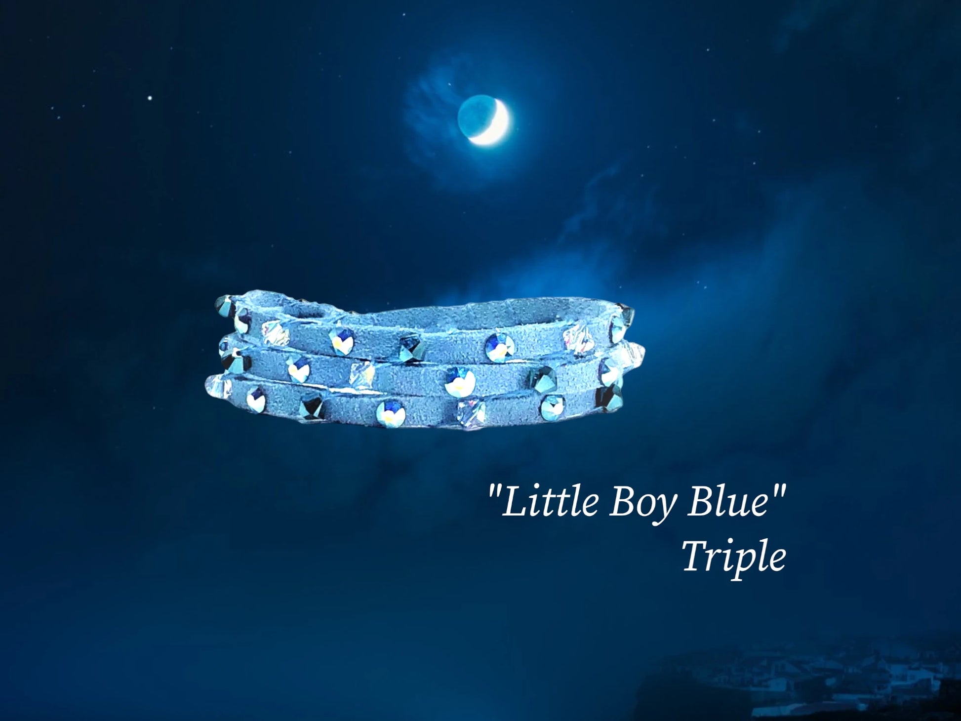 Little Boy Blue Triple wrap-Cadet Blue faux suede with cascading and alternating metallic navy and clear AB bi-cone and blue flatback Austrian Crystals. $41.99