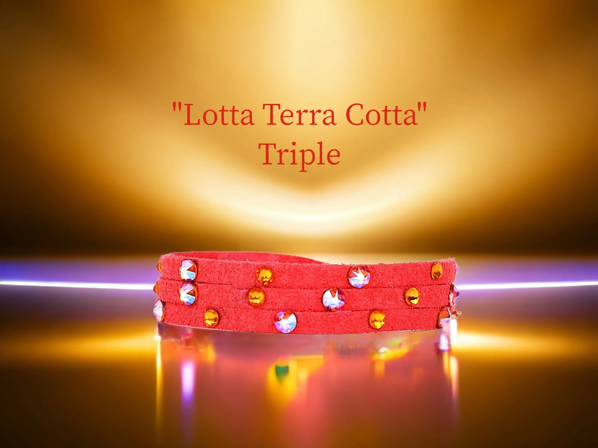 Lotta Terra Cotta triple wrap with alternating Austrian Tangerine and AB Hyacinth Crystal flatback studs. $25.99