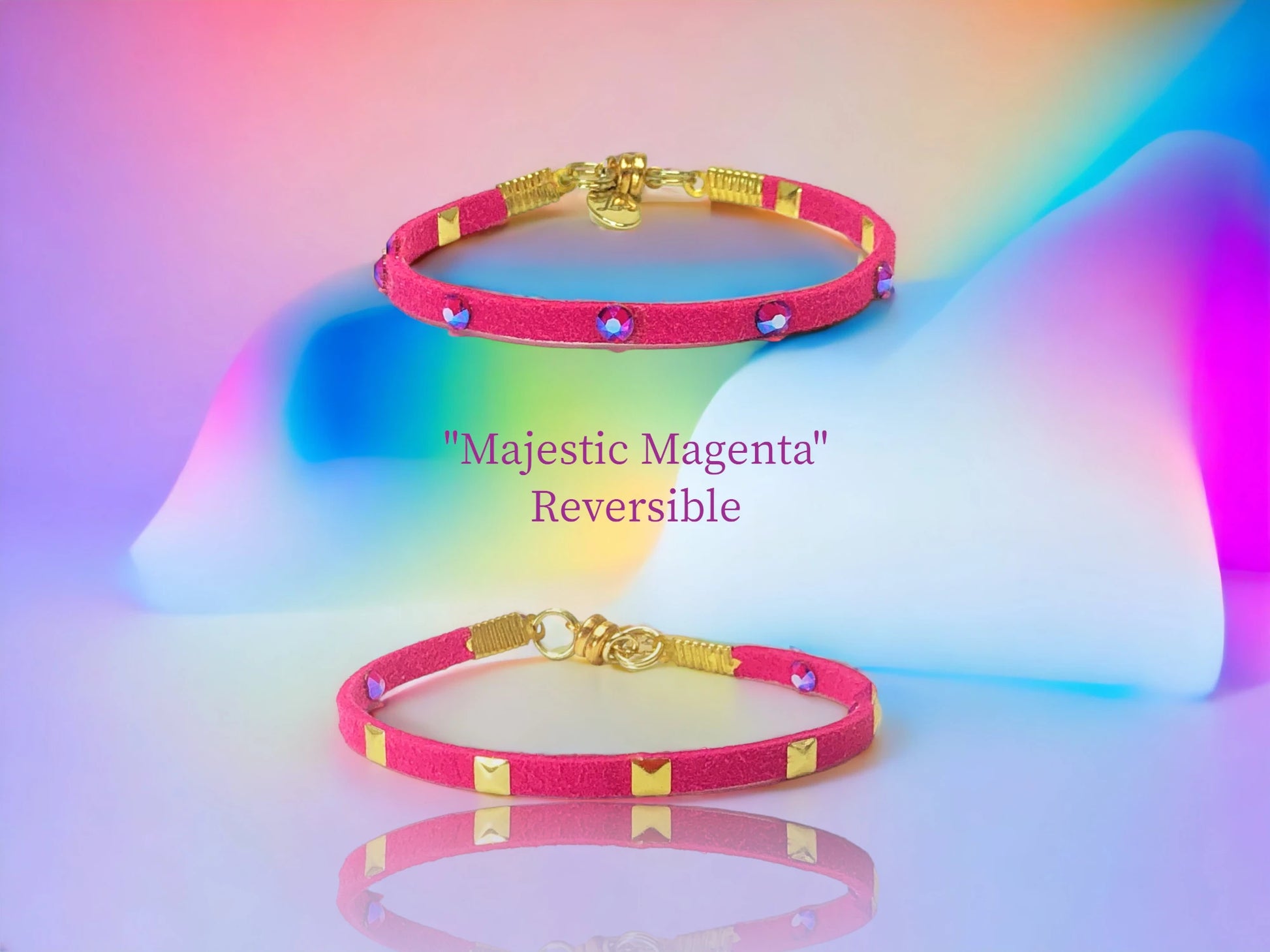 Majestic Magenta Reversible single wrap- Gold pyramid studs on one side and AB Red Siam Austrian Crystal studs on the other. $21.99