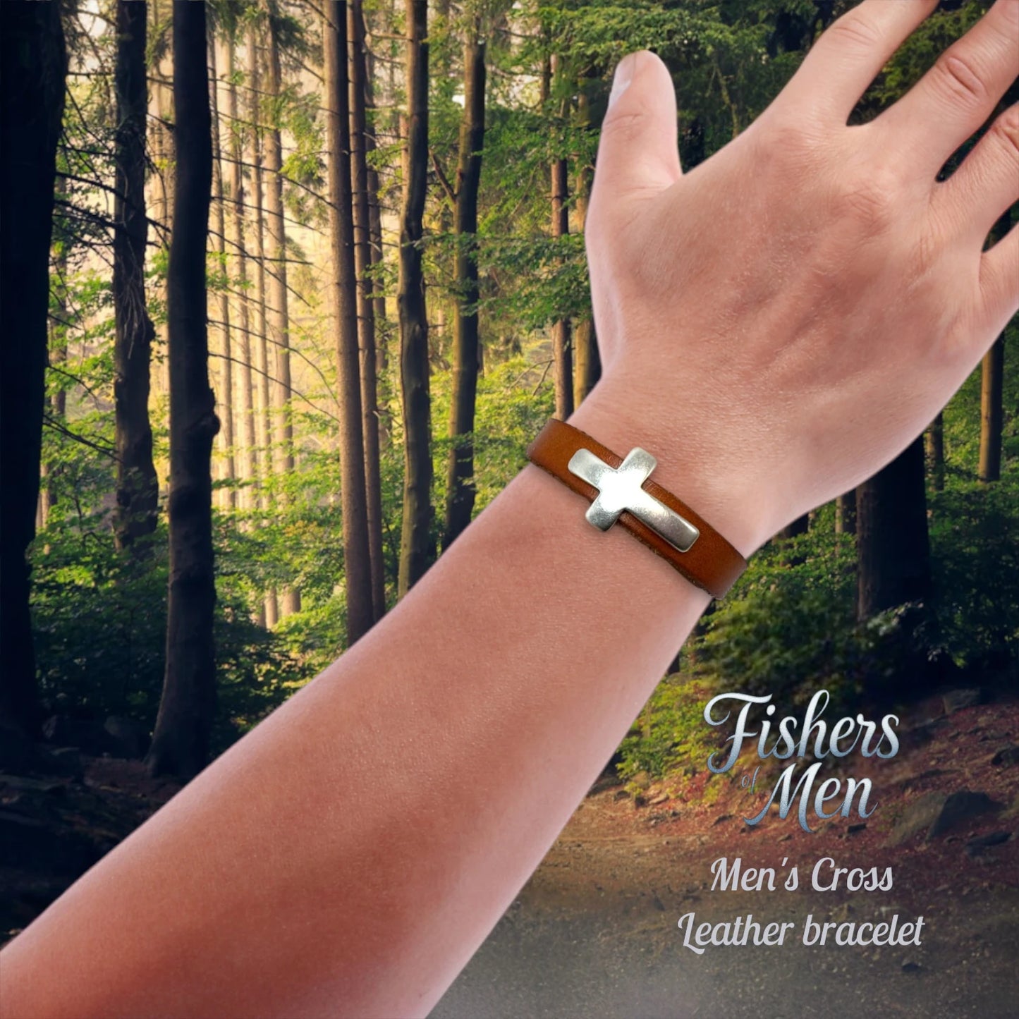 Fishers of Men Wide Single Band Cross  genuine leather Bracelet.