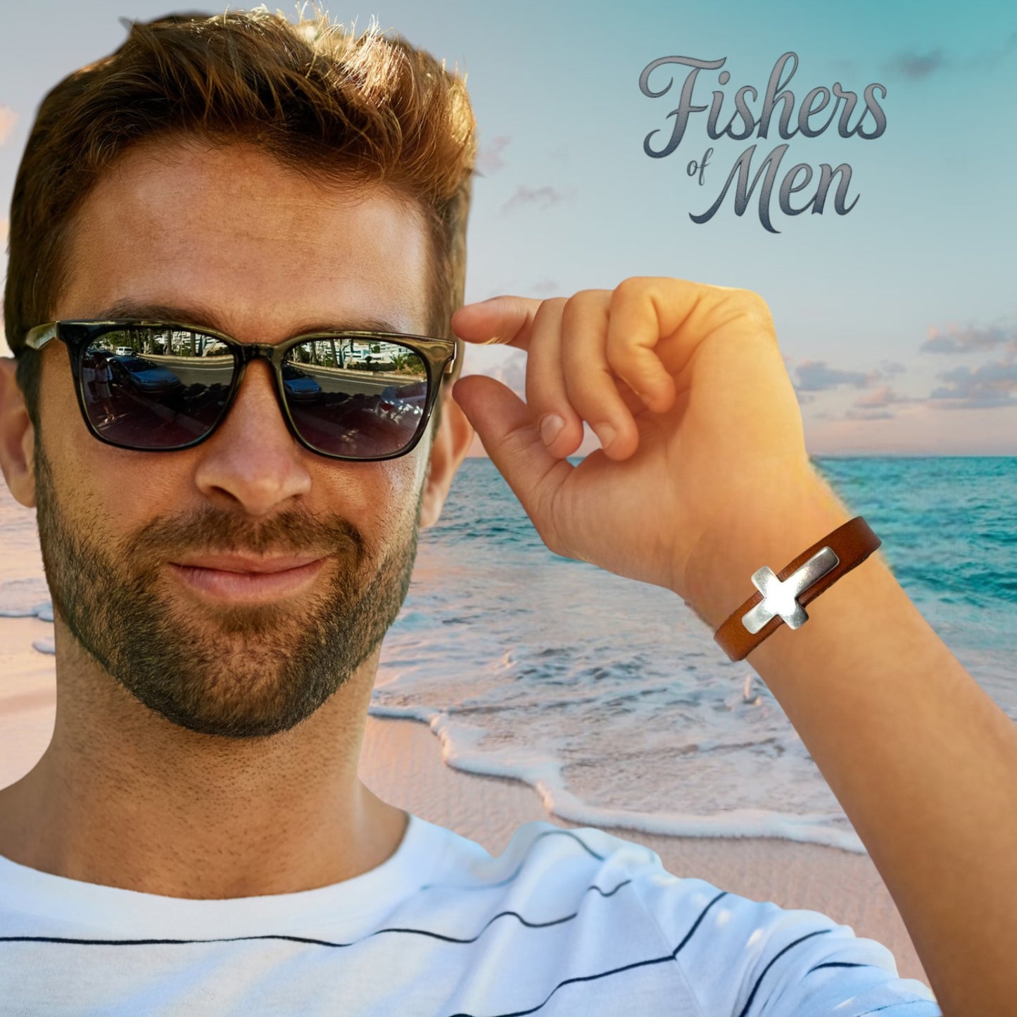Fishers of Men Wide Single Band Cross  genuine leather Bracelet.