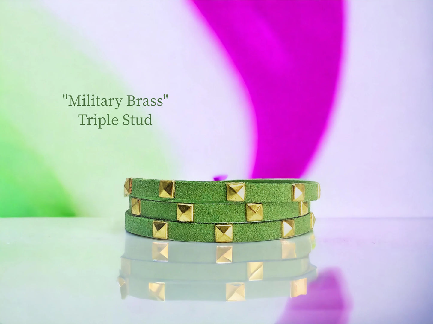 Military Brass- triple wrap- Olive faux Suede studded with Gold Pyramid Studs. $24.99