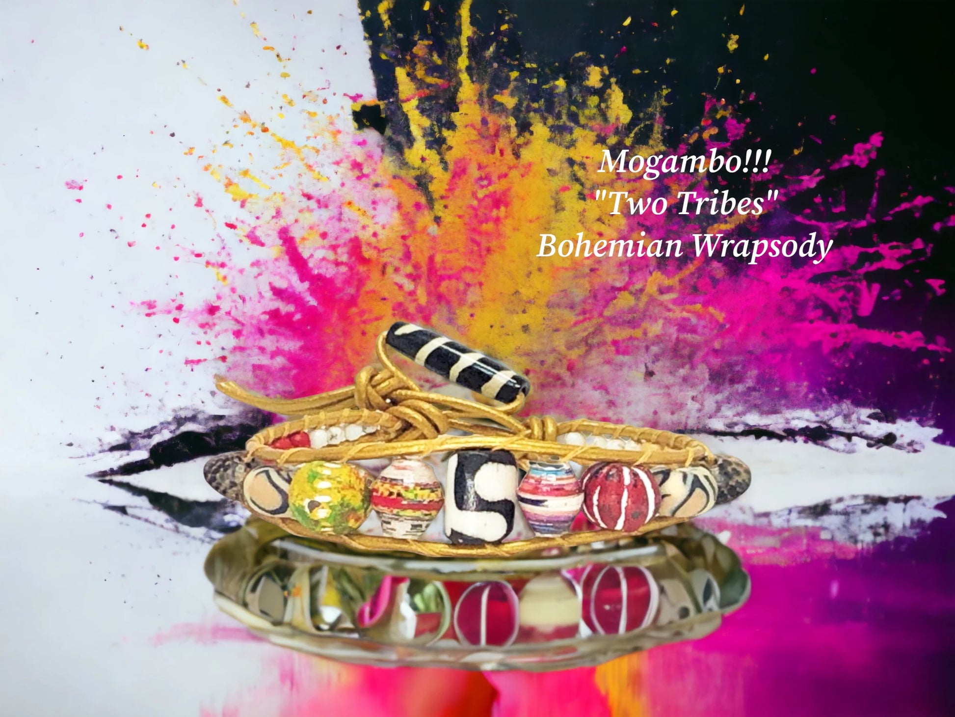 Mogambo Two Tribes Bohemian Wrapsody- Bright Yellow Gold Metallic genuine leather -encasing Mali clay, bamboo coral, bone, Patican, exotic leopard and Czech beads. Carved Bone button closur $36.99